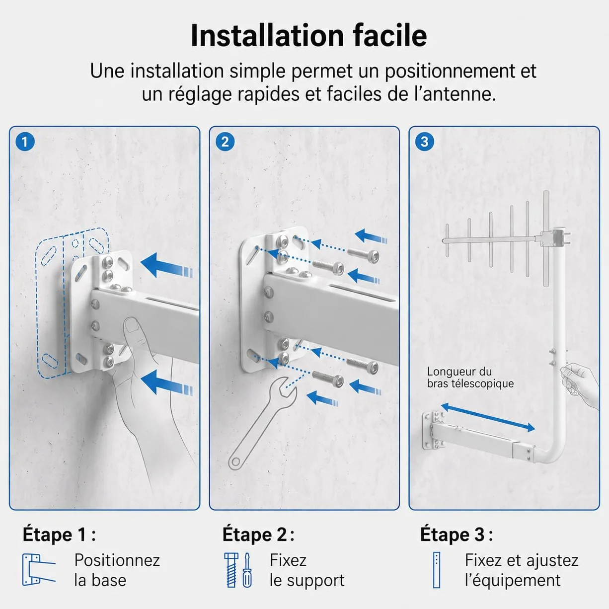 Mât d'antenne pour antennes TV, Satellite, Radio et Wi-FI | Longueur réglable (max. 83 cm), support mural robuste, support d'antenne, support d'antenne
