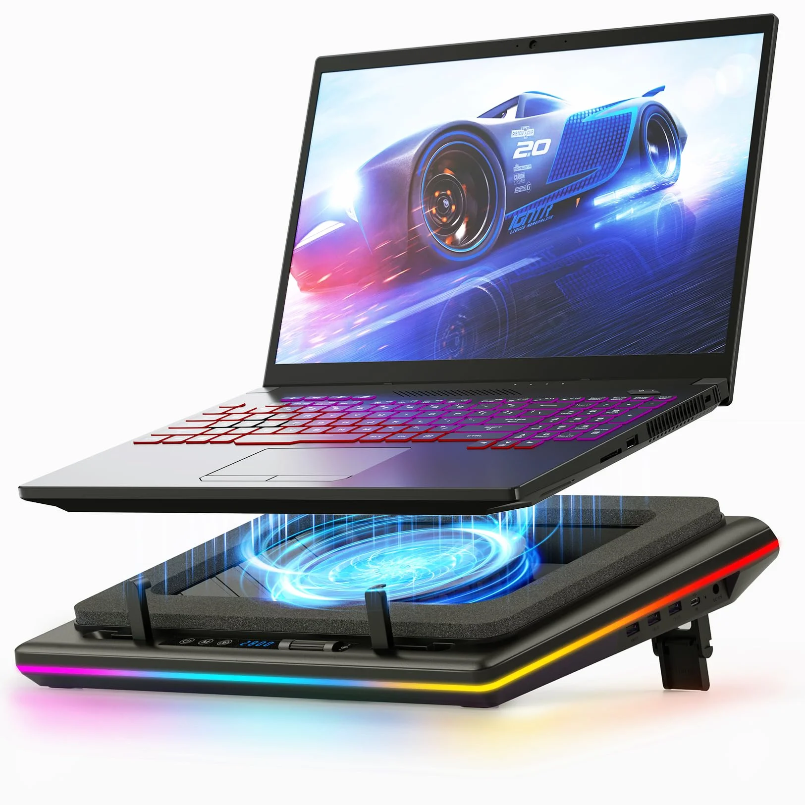 Refroidisseur Ordinateur Portable RGB 14cm Turbo Ventilateur Vitesse réglable Mousse d'étanchéité 3 Ports USB 38-48cm