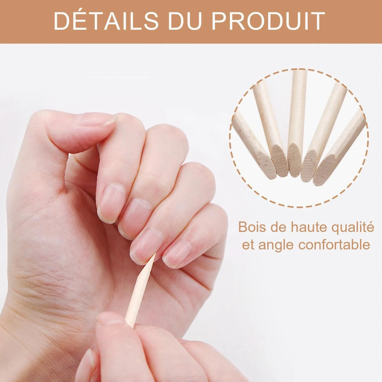Bâtonnets Cuticules en Bois D'oranger 200 Pcs avec Lime à Ongle pour Manucure