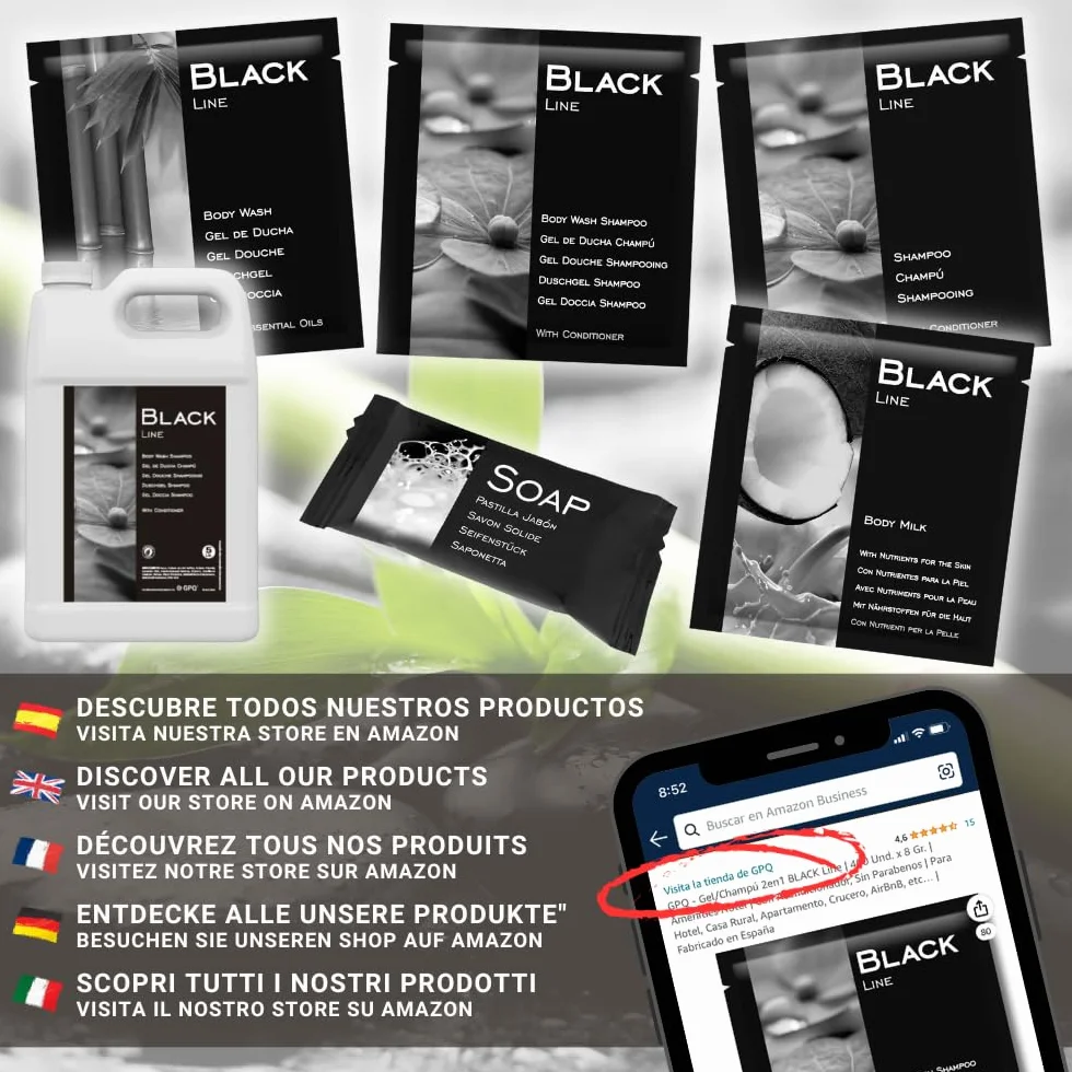 Gel/Shampooing 2en1 BLACK Line 8 gr. 400 Und. 94% Natural Origin Sans Parabènes Fabriqué dans l’UE
