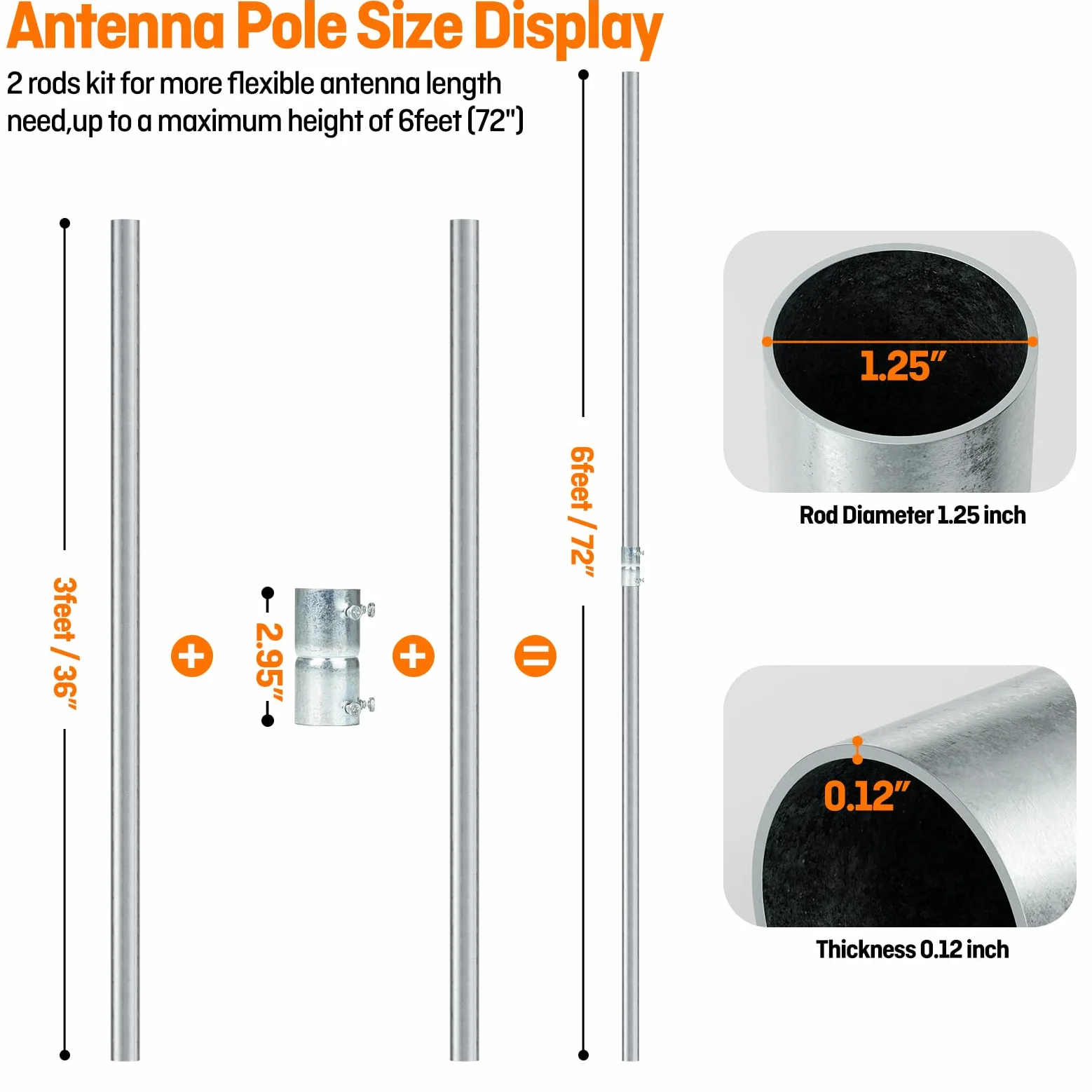 Lot de 2 rallonges de mât d'antenne de 0,9 m avec coupleur, diamètre extérieur 3,2 cm | Assemblage de 1,8 m, en acier galvanisé robuste, pour amplificateur de signal de station météo