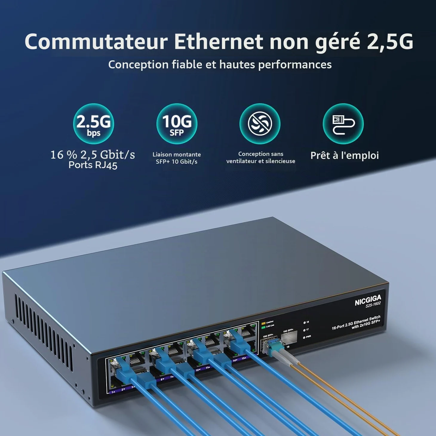 16 Port 2.5G + 2 Port 10G SFP+ Commutateur Ethernet, Commutateur Réseau NICGIGA 18 Ports 2.5Gb Non Géré, Plug & Play, Montage Bureau ou Rack 19 Pouces, Design Métallique sans Ventilation.