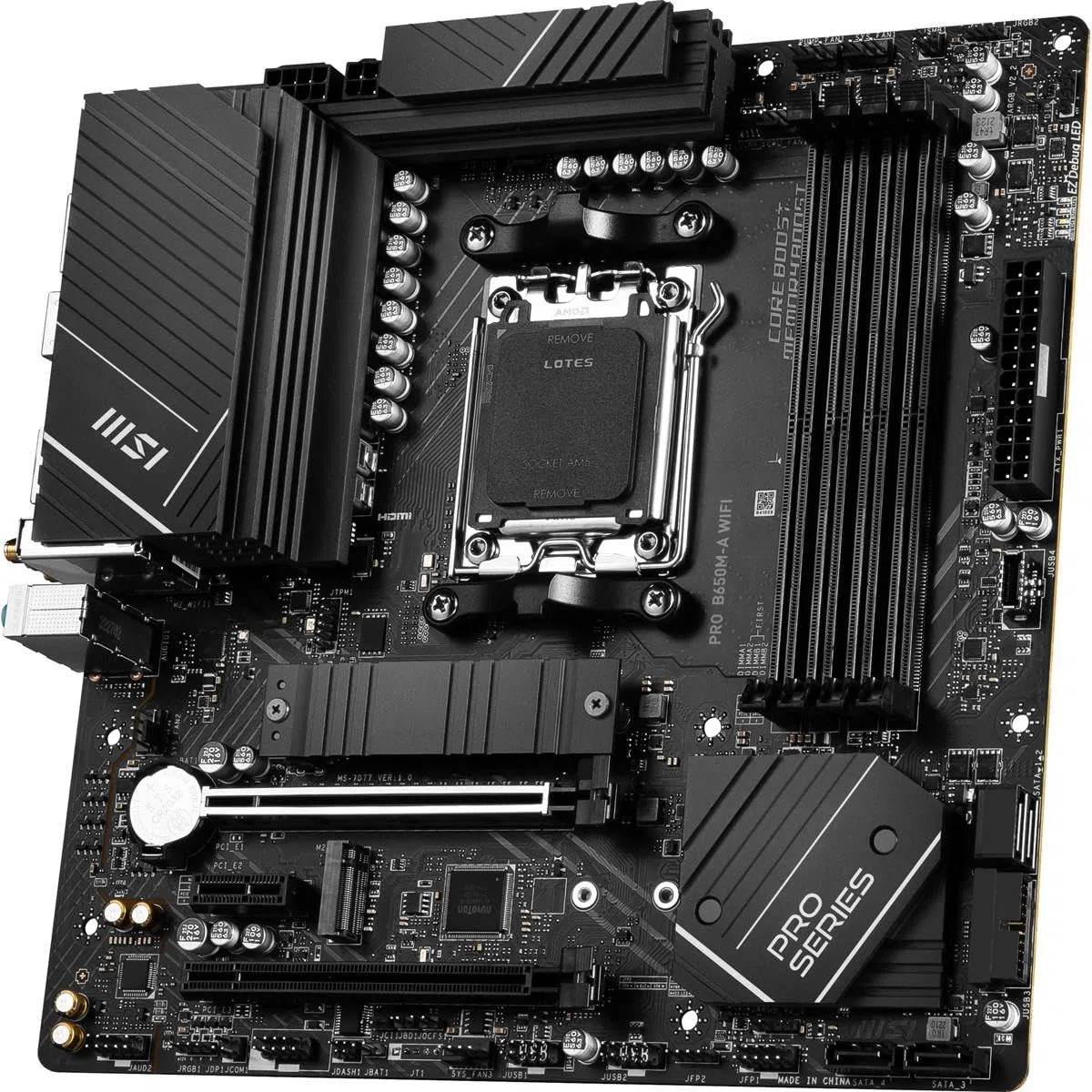 MSI Pro B650M-A WiFi ProSeries Carte mère AMD Ryzen 8000/7000, AM5, DDR5, PCIe 4.0, M.2, SATA 6 Go/s, USB 3.2 Gen 2, HDMI/DP, Wi-FI 6E, Bluetooth 5.3, LAN 2,5 Gbit/s, mATX