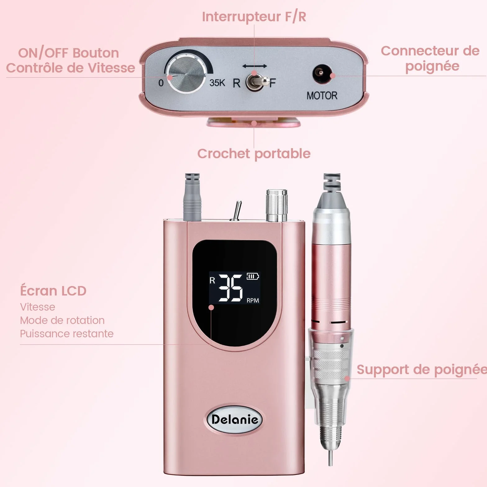 Ponceuse pour Ongles Professionnelle 35000 RPM Rechargeable avec Affichage LCD et 6 Embouts Ponçage