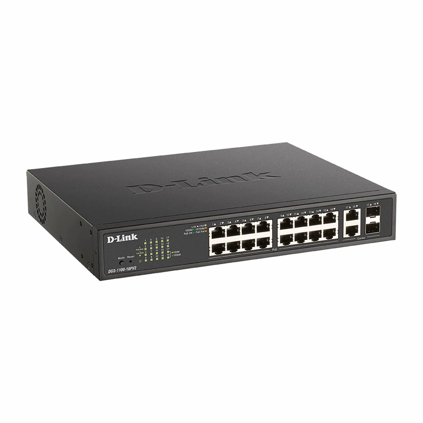 Commutateur Smart Managed Gigabit PoE D-Link DGS-1100-18PV2, Switch Réseau Layer 2 à 18 Ports, 16 Ports PoE+, Budget PoE 130W, VLAN, QoS, Surveillance VLAN, Rackable
