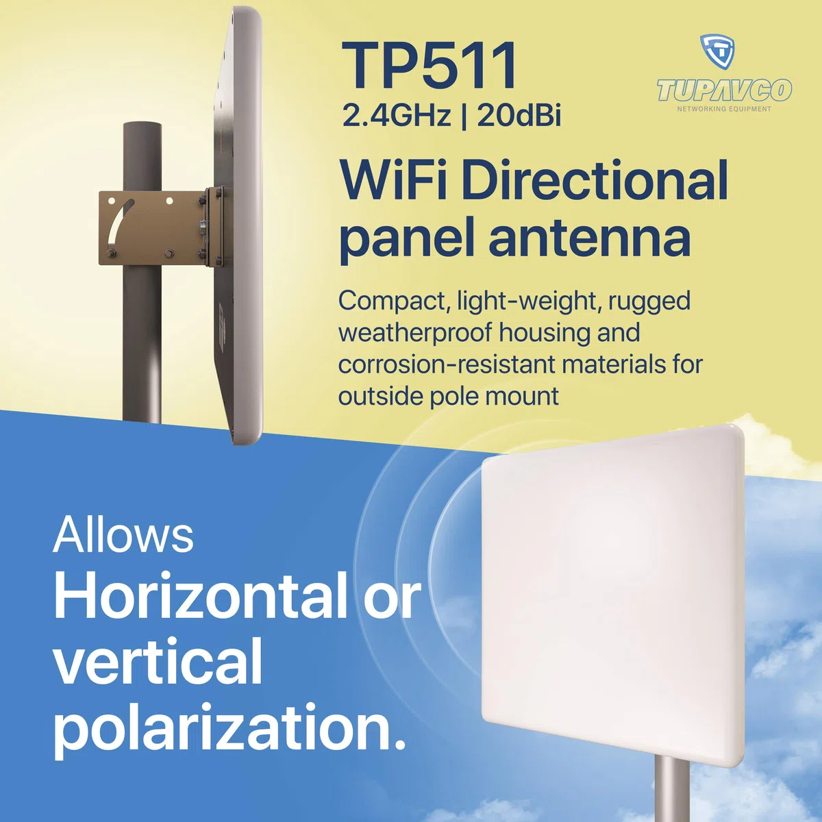 TP511 WiFi Panel Antenna 2.4GHz (20dBi) Outdoor Directional (2400-2483 MHz) Wireless Network Signal (Pole Mast Mount) Weatherproof High-Gain Long Distance Range (N-Female Connector)