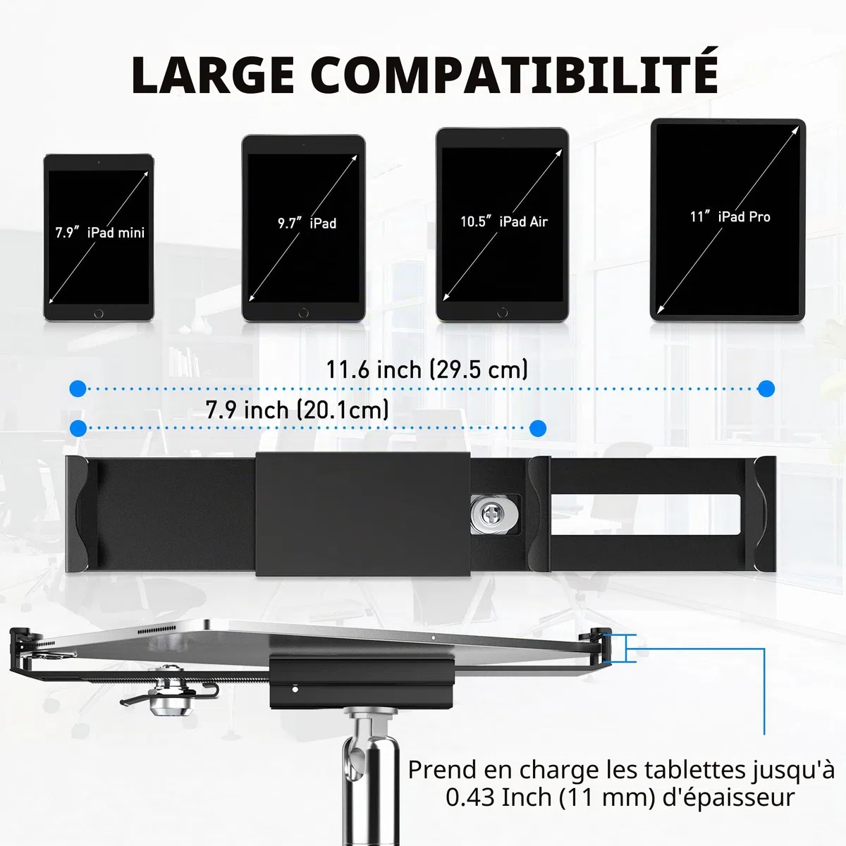 AboveTEK Support antivol verrouillable pour Tablette - 360/320 POS Swivel Support de Table de Bureau avec Pince pour iPad 7 à 11 Pouces Fire Microsoft Galaxy Tab Google (Noir)