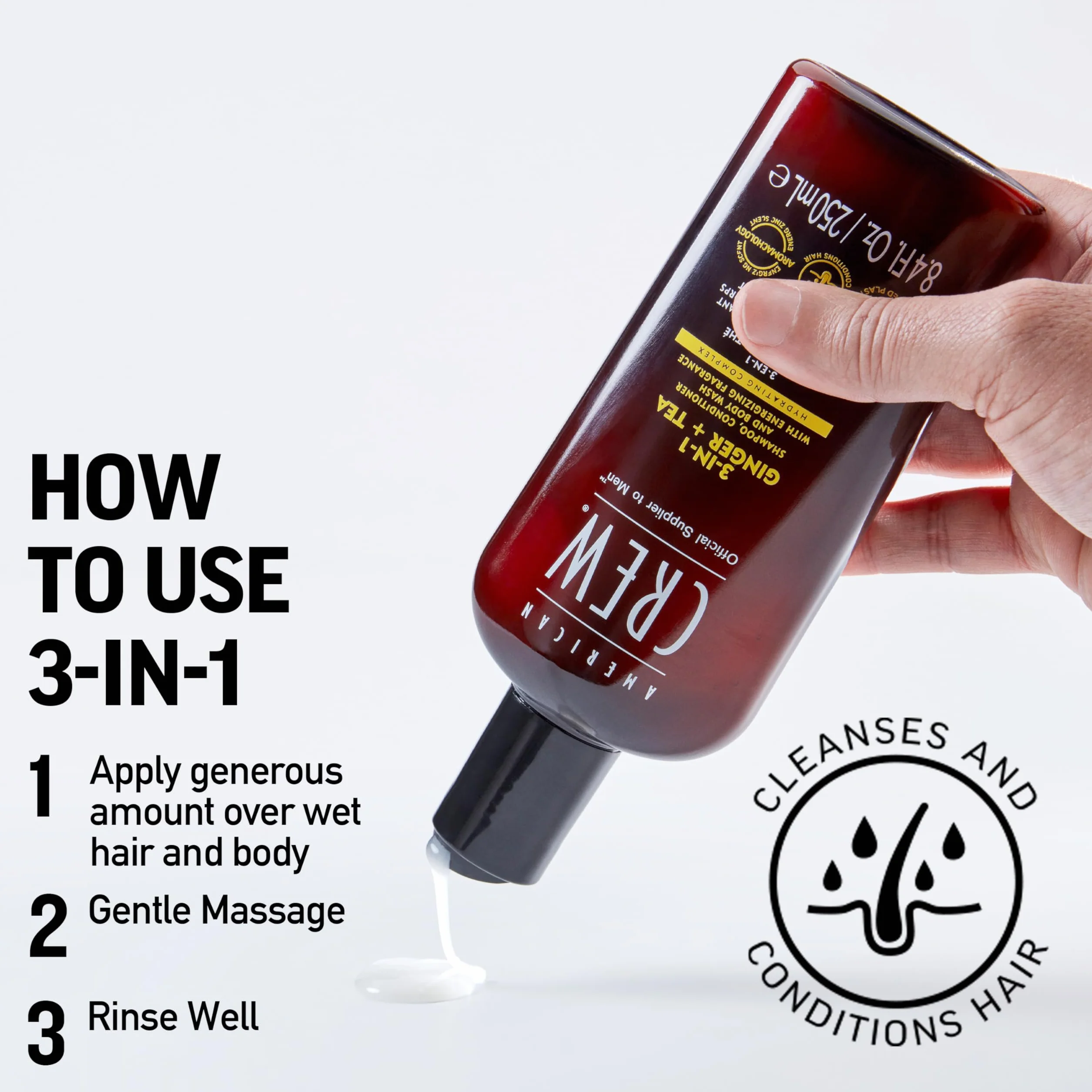 American Crew Shampoing 3 en 1 Shampooing Après-Shampoing Gel Douche Cheveux Corps 1L