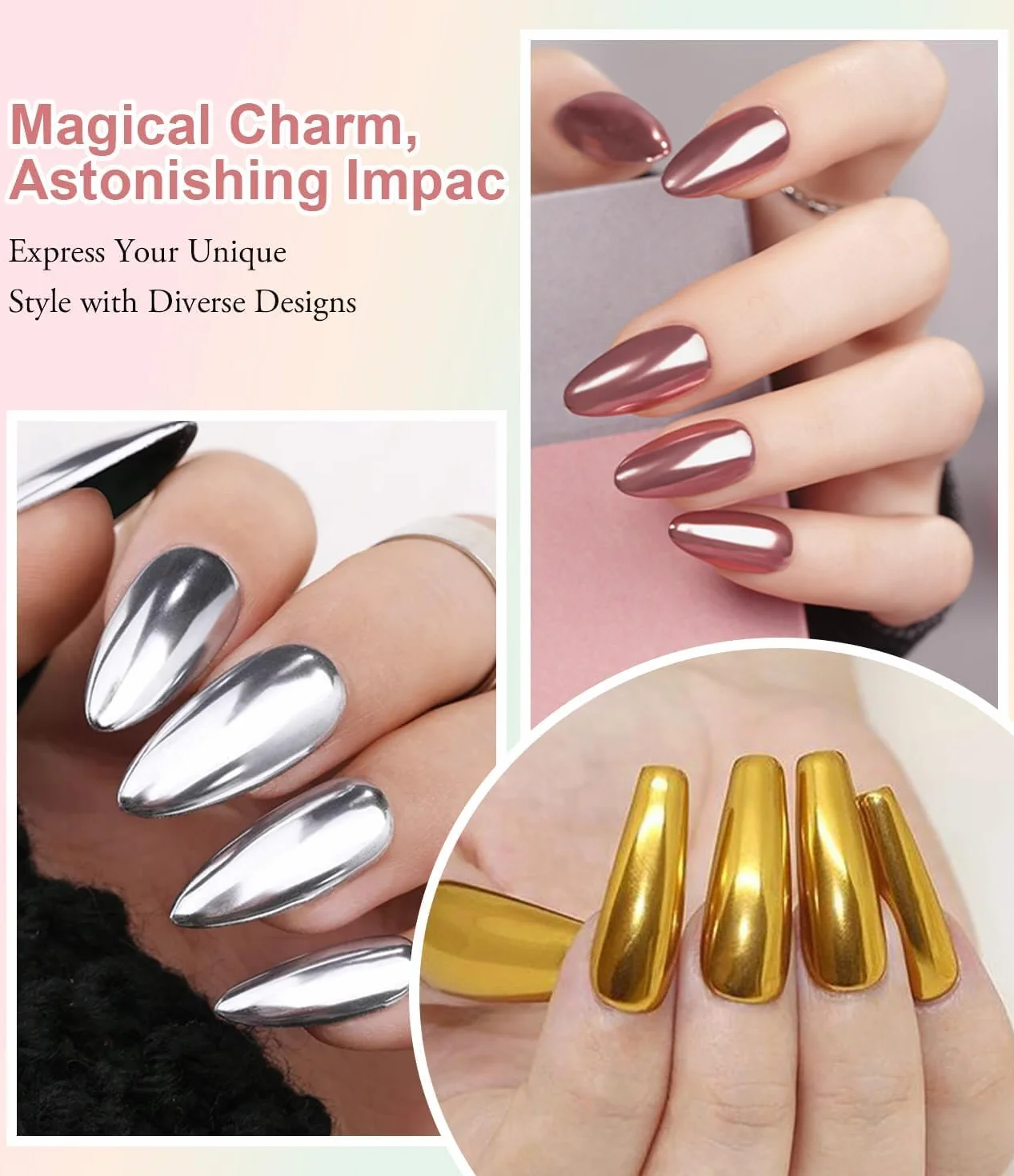 Poudre Holographique Métal Vernis Gel Chrome Ongles Super Miroir Effet Doré Iridescence Aurore Nacrée Pigment Nail Art