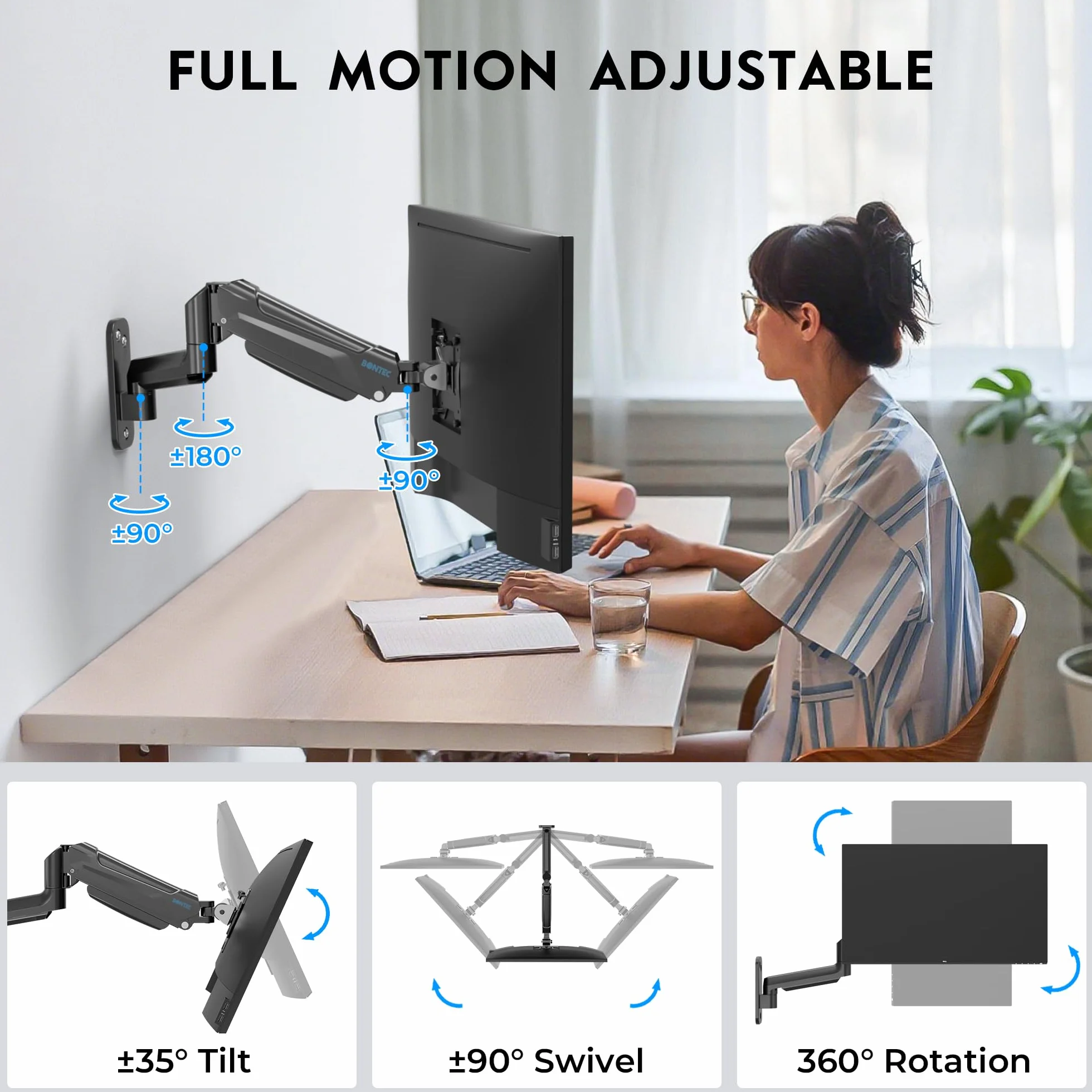 BONTEC Support Mural Bras Articulé Écran PC 13-42 Pouces 9 kg VESA 200x200 Rotation 360° Pivot 180°