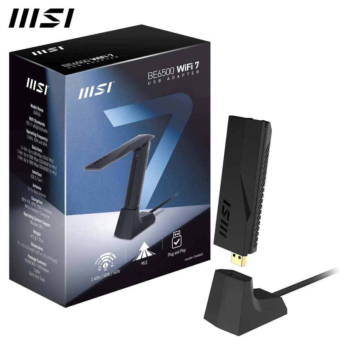 MSI BE6500 Adaptateur WiFi 7 USB - WLAN jusqu'à 2880 Mbps (6 GHz, 5 GHz, 2,4 GHz sans Fil), USB 3.2 Gen 1, MU-MIMO, 2 antennes tri-Bandes à Gain élevé, Formation de Faisceaux, WPA3 - Support Inclus