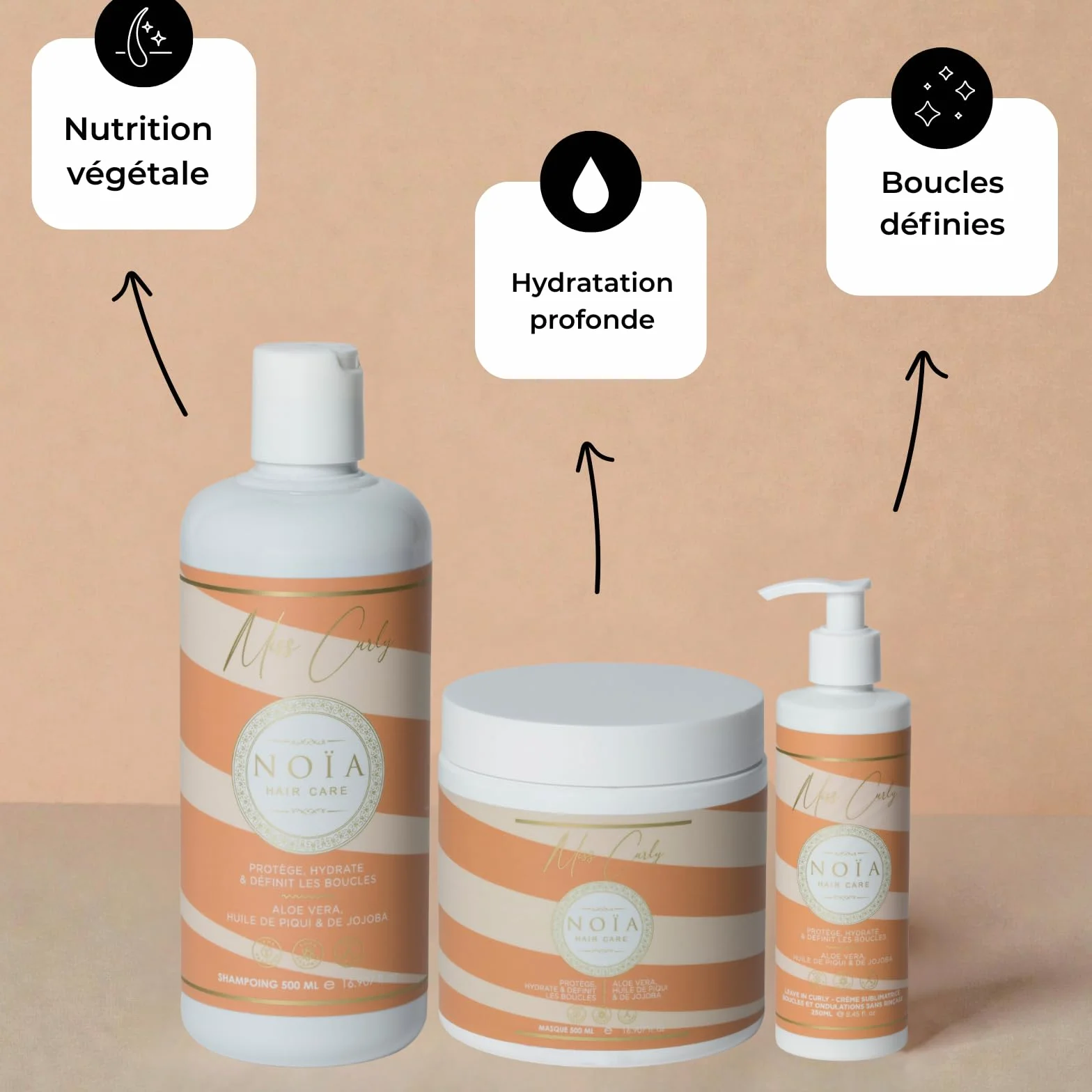 NOÏA HAIR Coffret Trio Professionnel CURLY Shampoing Masque Sérum 500ml 250ml Cheveux Bouclés Frisés Crépus