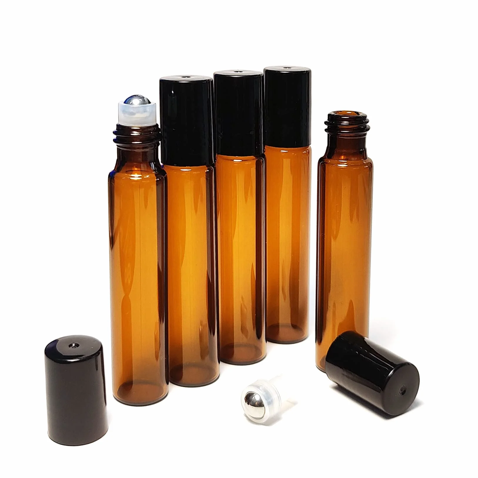 Bouteilles roll on huiles essentielles 10 ml - 5 récipients en verre ambré rechargeable pour aromathérapie
