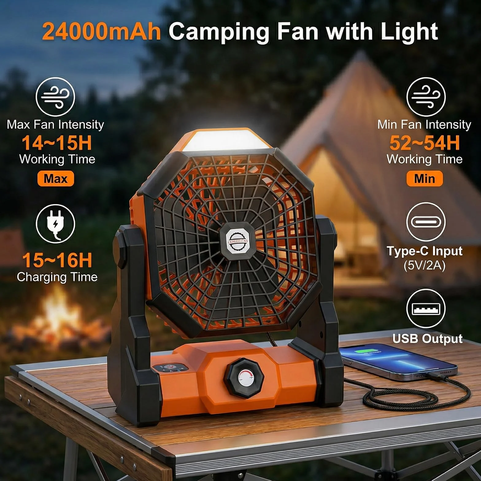 Qoosea Ventilateur de Camping Portable 24000mAh 3 en 1 avec Lumière LED 4 Vitesses pour Extérieur