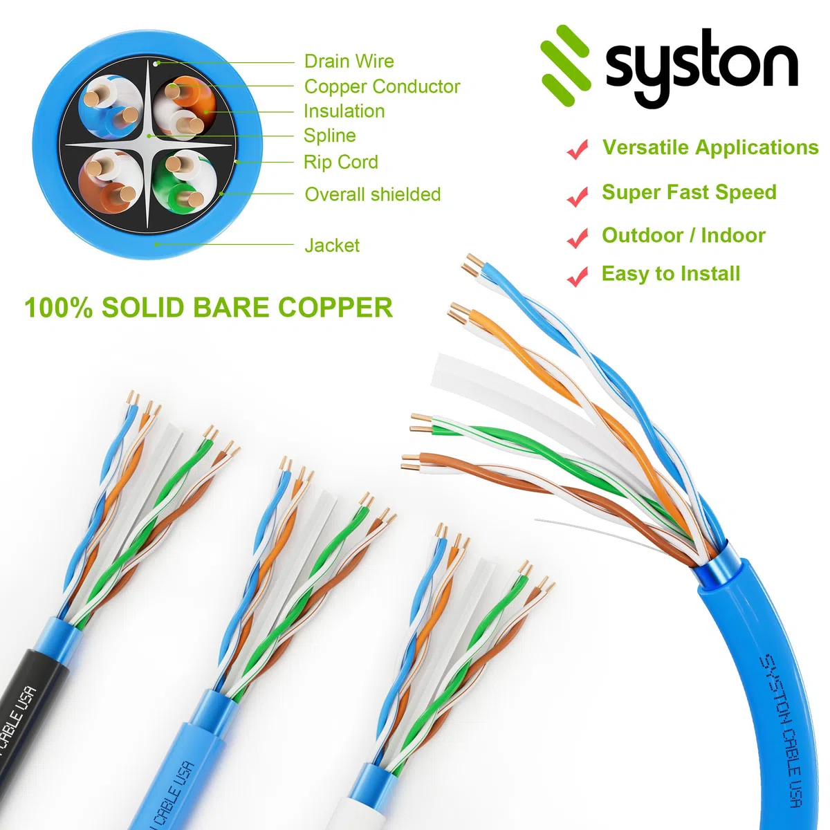 Syston Câble réseau Ethernet CAT 6A+ blindé CMP/CL2P/FT6/Plénum, 23 AWG paire torsadée blindée F/UTP 750 MHz, fil de cuivre nu solide, conforme à la norme RoHS en vrac, sans extrémités, 6,1 m à 304,8