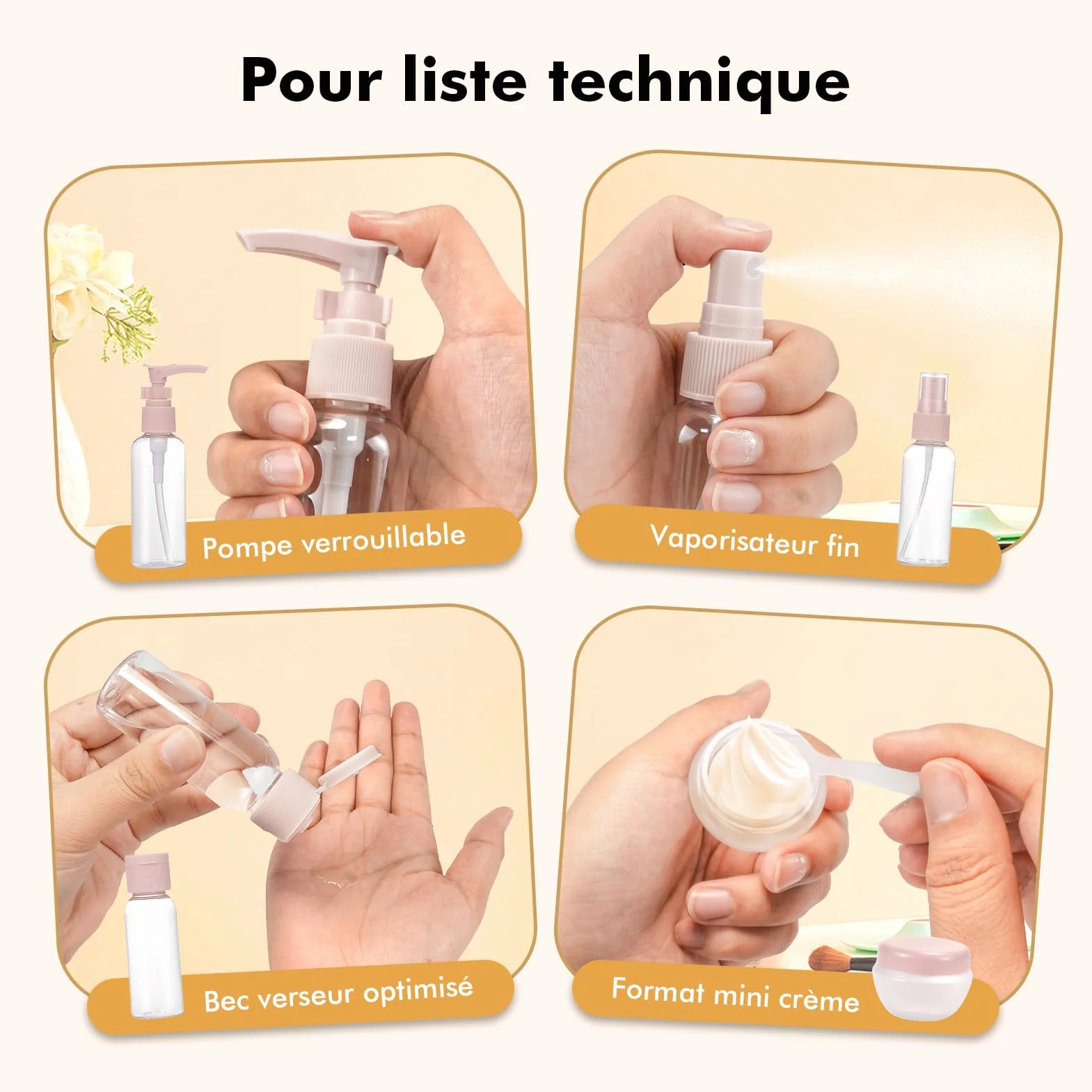 Bouteilles de voyage 11 pièces avec vaporisateurs flacons pompe pots crème cosmétiques liquides