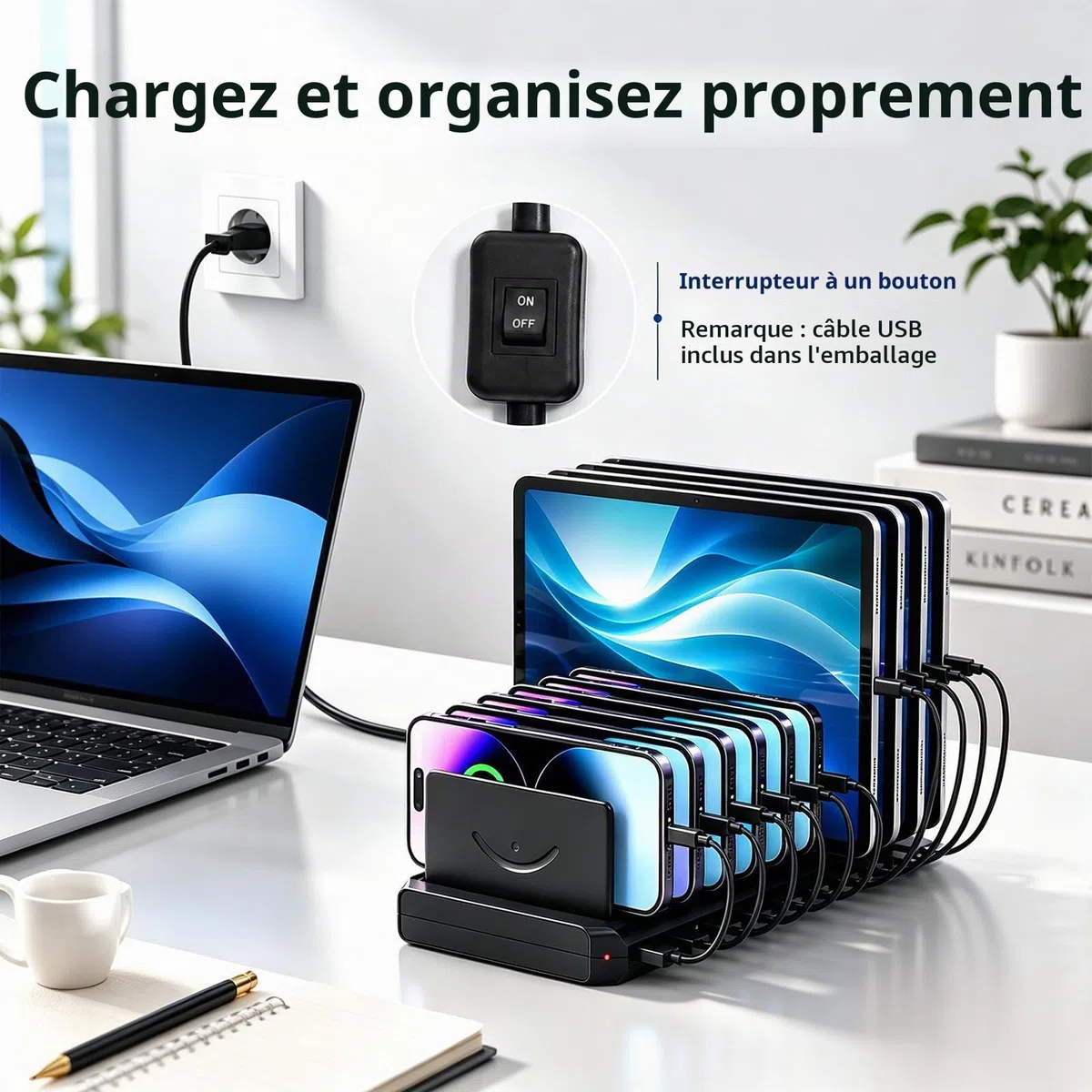 Station de Recharge USB 100 W, Portable 10 Ports Multiples avec séparateur Amovible réglable,Compatible avec iPhone/Apple Watch/Samsung/Google/tablettes/périphériques USB
