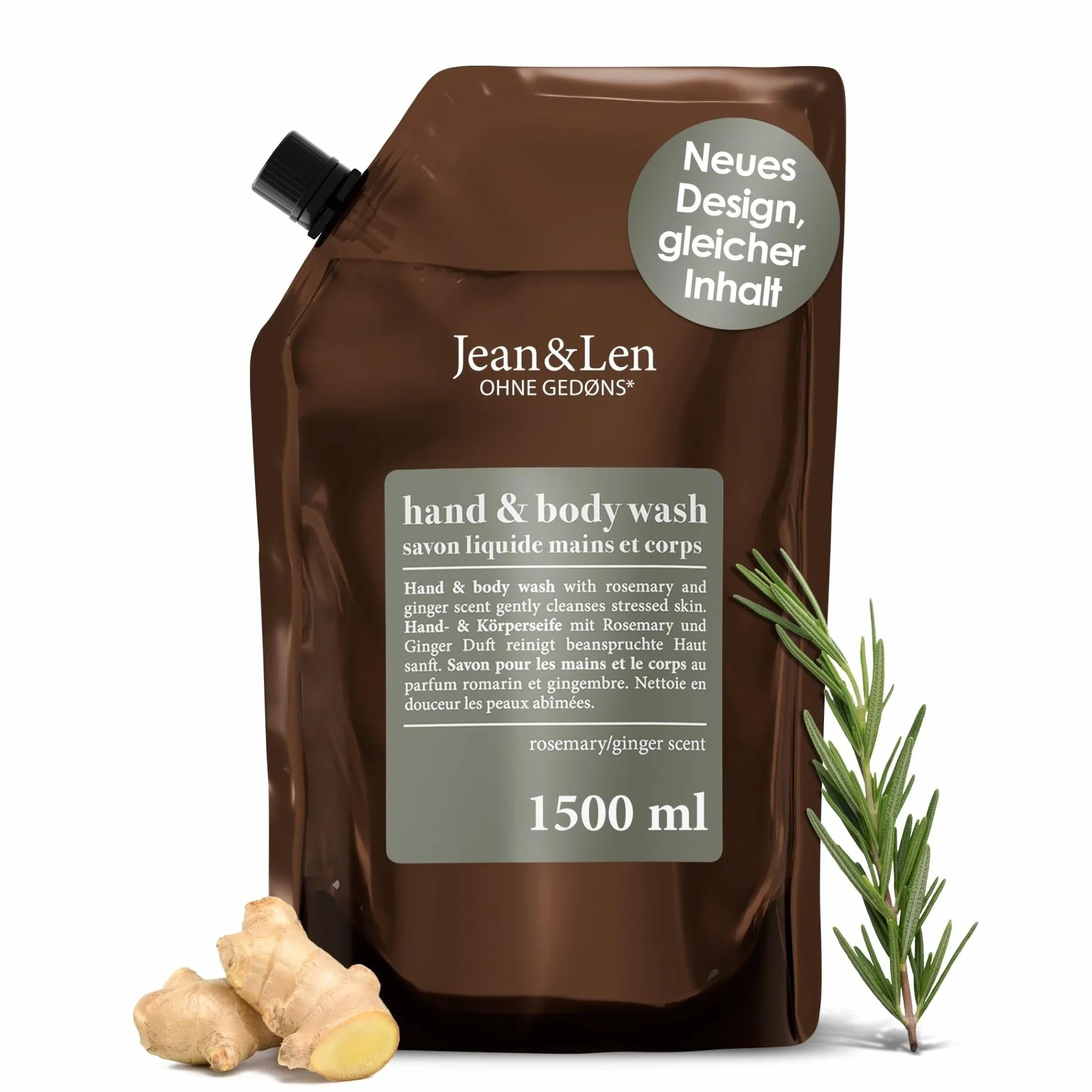 Jean & Len Hand & Body Wash Rosemary et Ginger éco-recharge 1,5 L savon liquide sans silicones parabènes