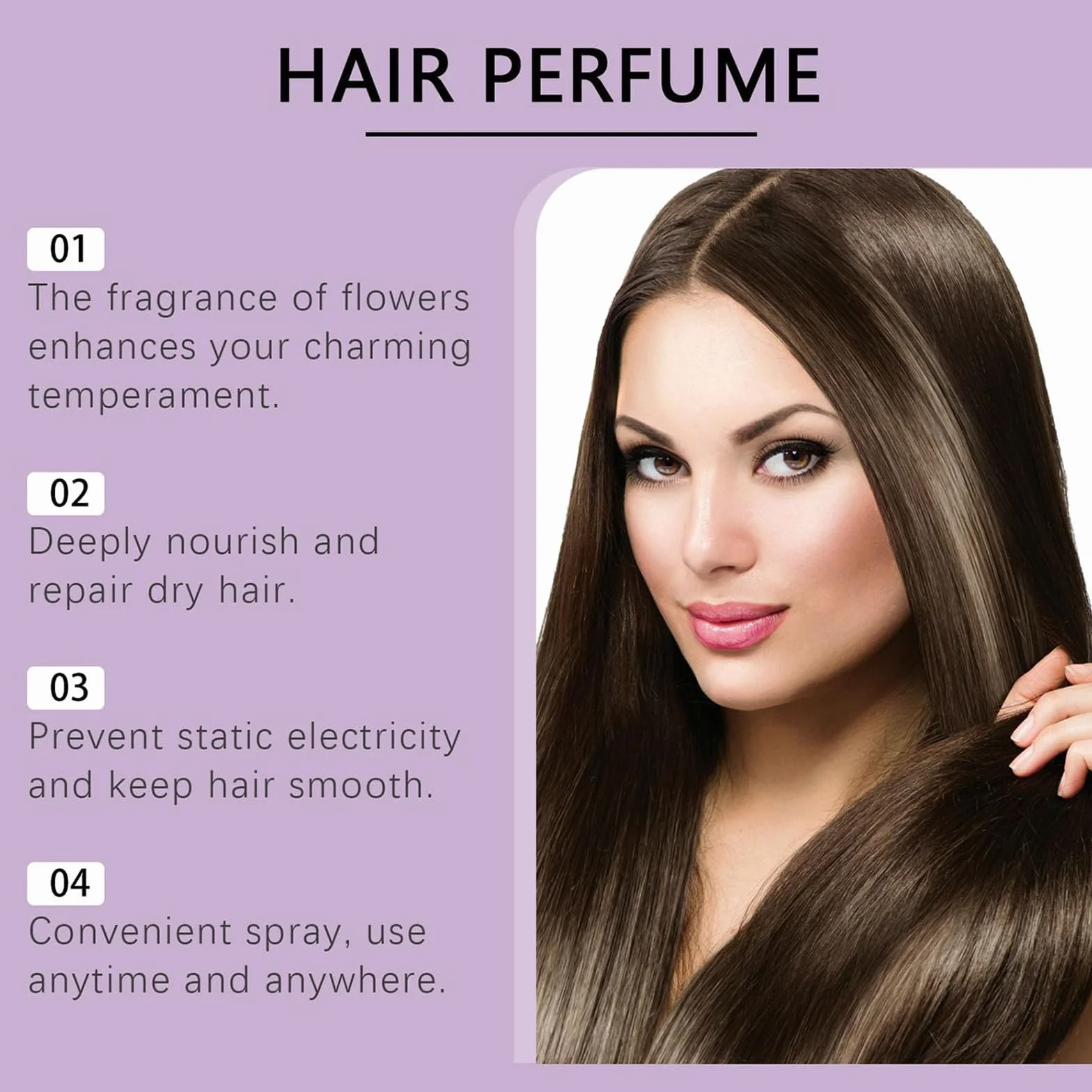 Brume capillaire anti-frisottis nourrissant huiles essentielles phéromones parfum longue durée femme
