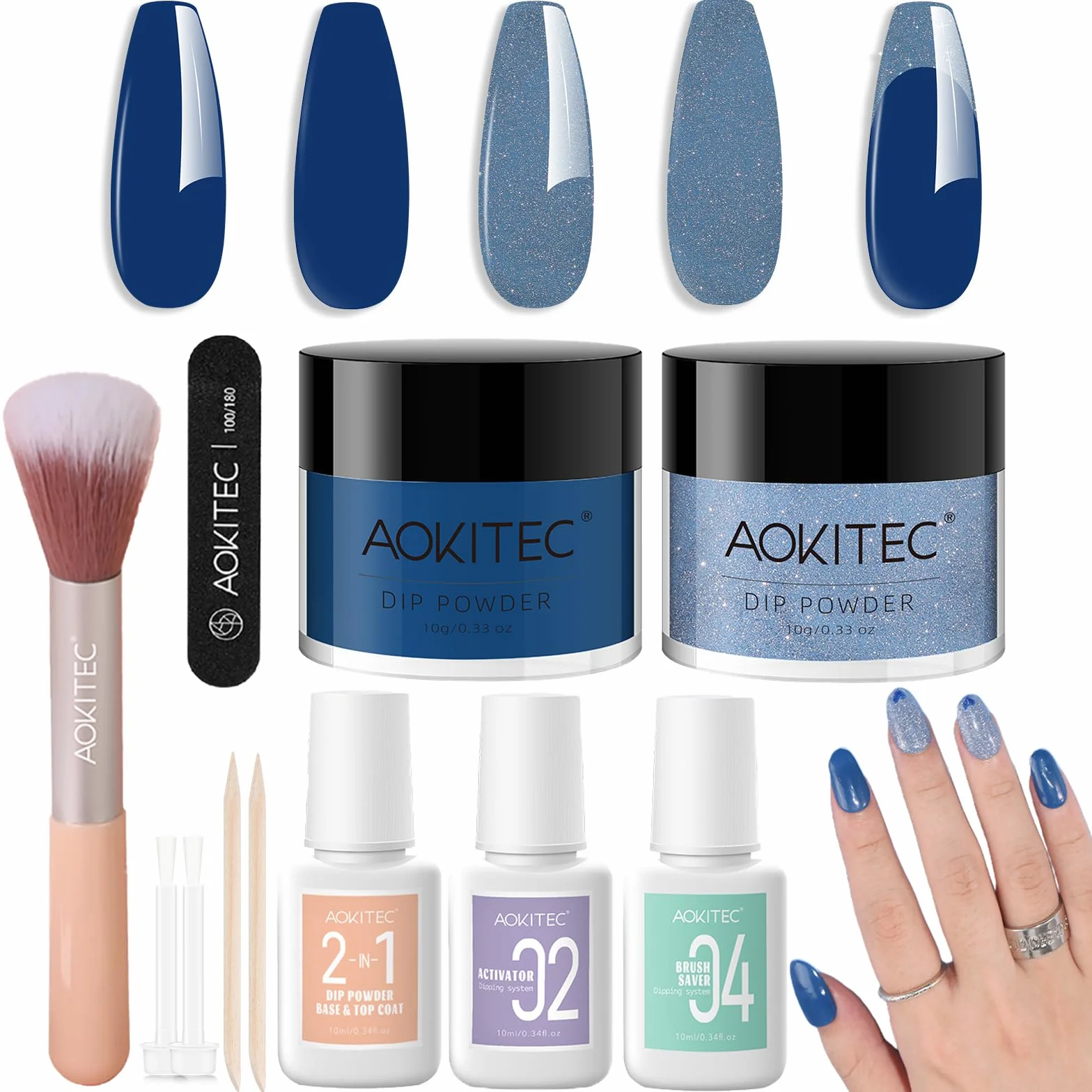 Aokitec Kit de poudre de trempage pour ongles bleue scintillante avec liquide - Nail art acrylique