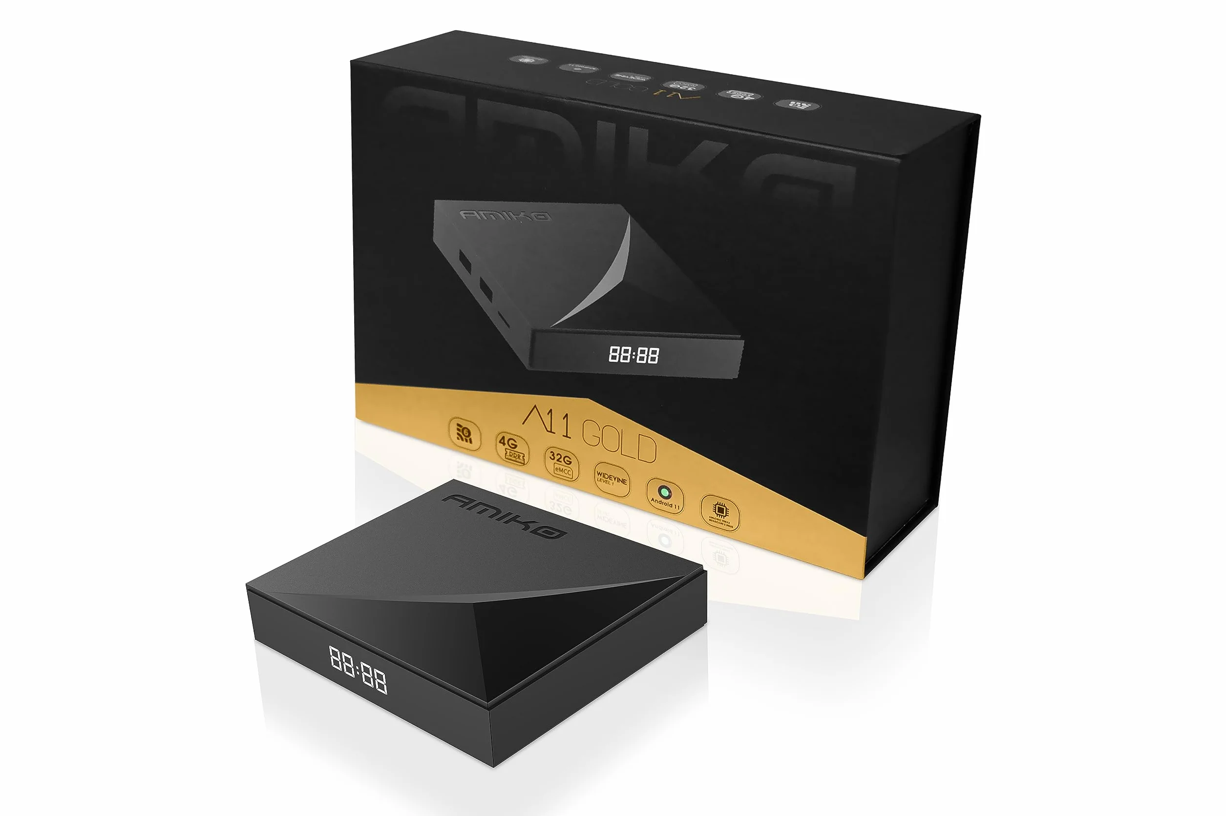 Amiko A11 Gold 4K UHD Android 11 WiFi Dual Band 100 Gigabit Bluetooth 5.2 USB 3.0 Widevine