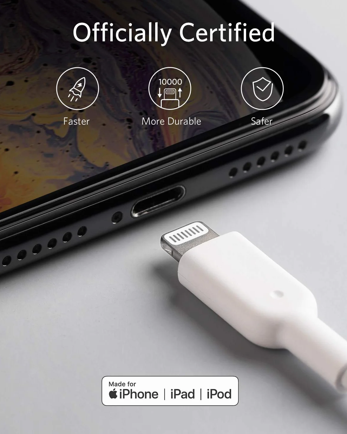 Anker PowerLine II Câble Lightning vers USB MFi pour iPhone XS/XS Max/XR/X/8/8 Plus/SE/7/7 Plus/6s/6/6 Plus/5S/5/iPad Pro, Blanc, 0,9m