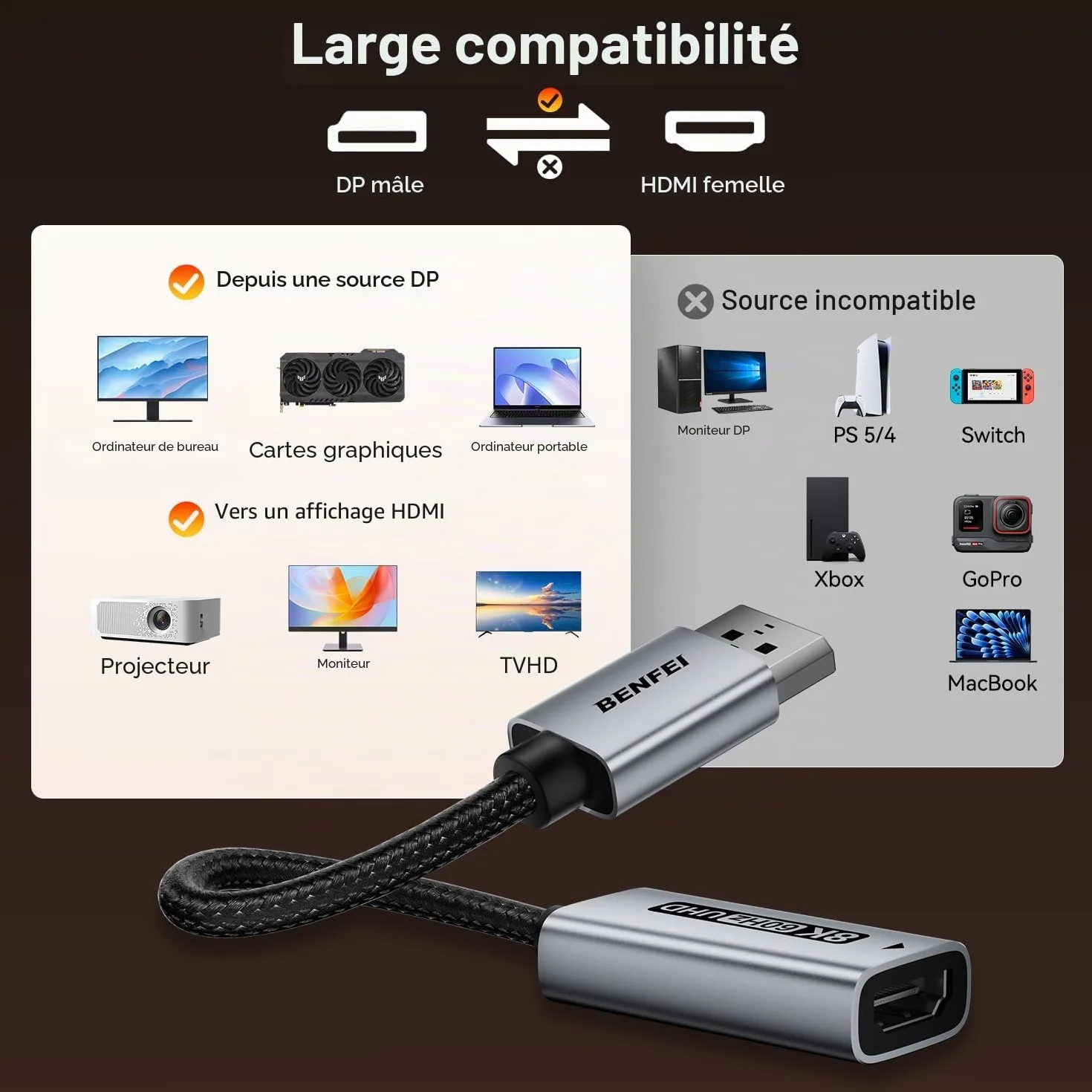 BENFEI Adaptateur DisplayPort 1.4 vers HDMI 2.1 8K@60Hz 4K@240Hz Aluminium