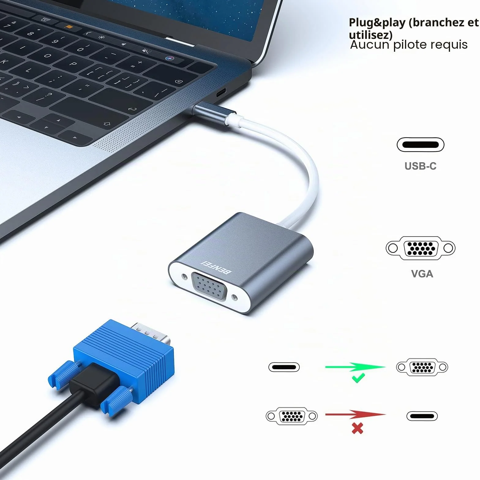 BENFEI Adaptateur USB C vers VGA Thunderbolt 3/4 Compatible MacBook Pro iPhone 15 Aluminium