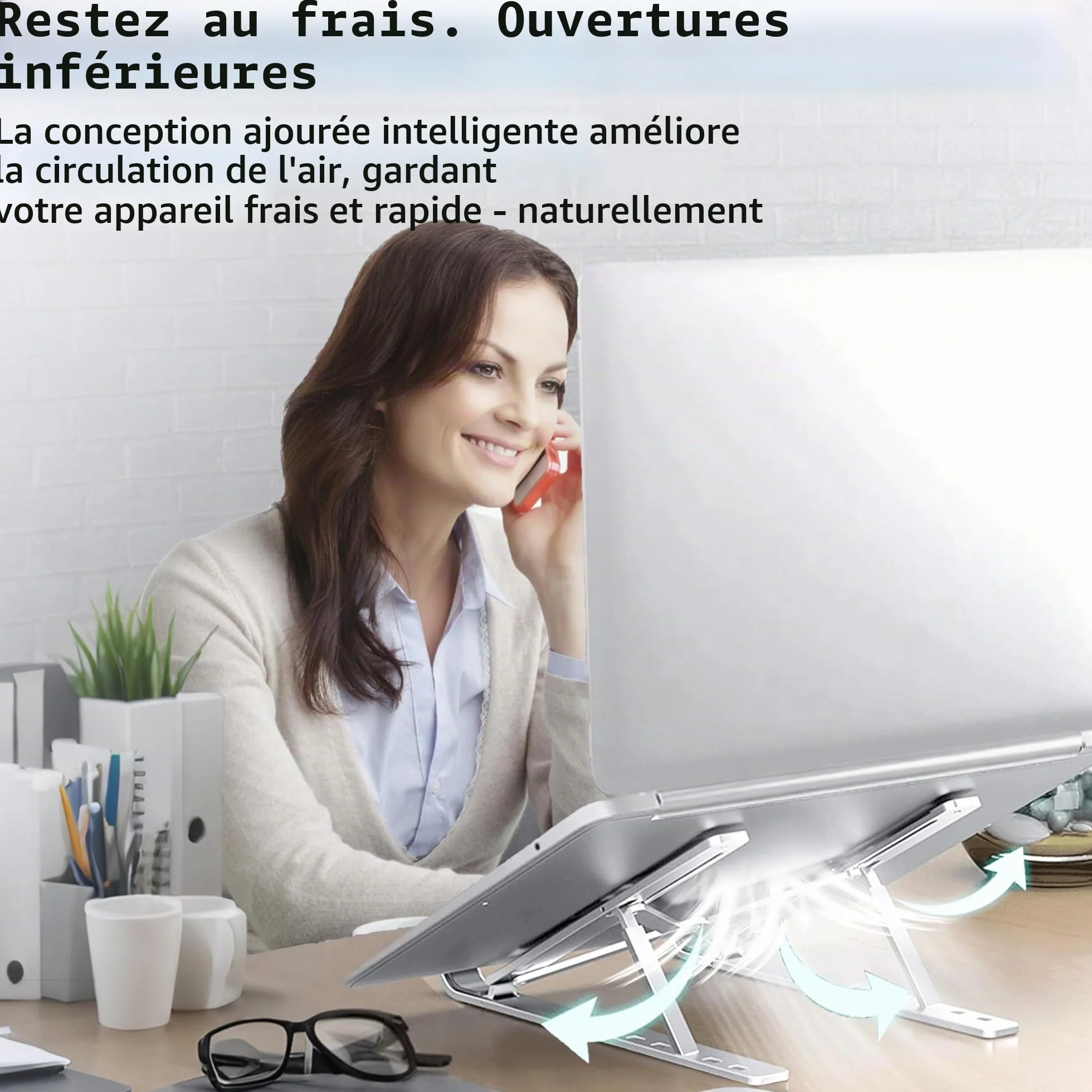 AiTodos® Support Ordinateur Portable Alliage Aluminium Léger Compact Pliable Réglage 6 Vitesses Argent