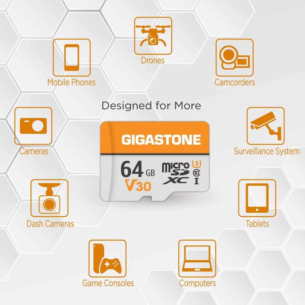 GIGASTONE Carte Micro SD 64 Go Lot de 2, V30 4K UHS-I Classe 10 95 Mo/s avec Adaptateur