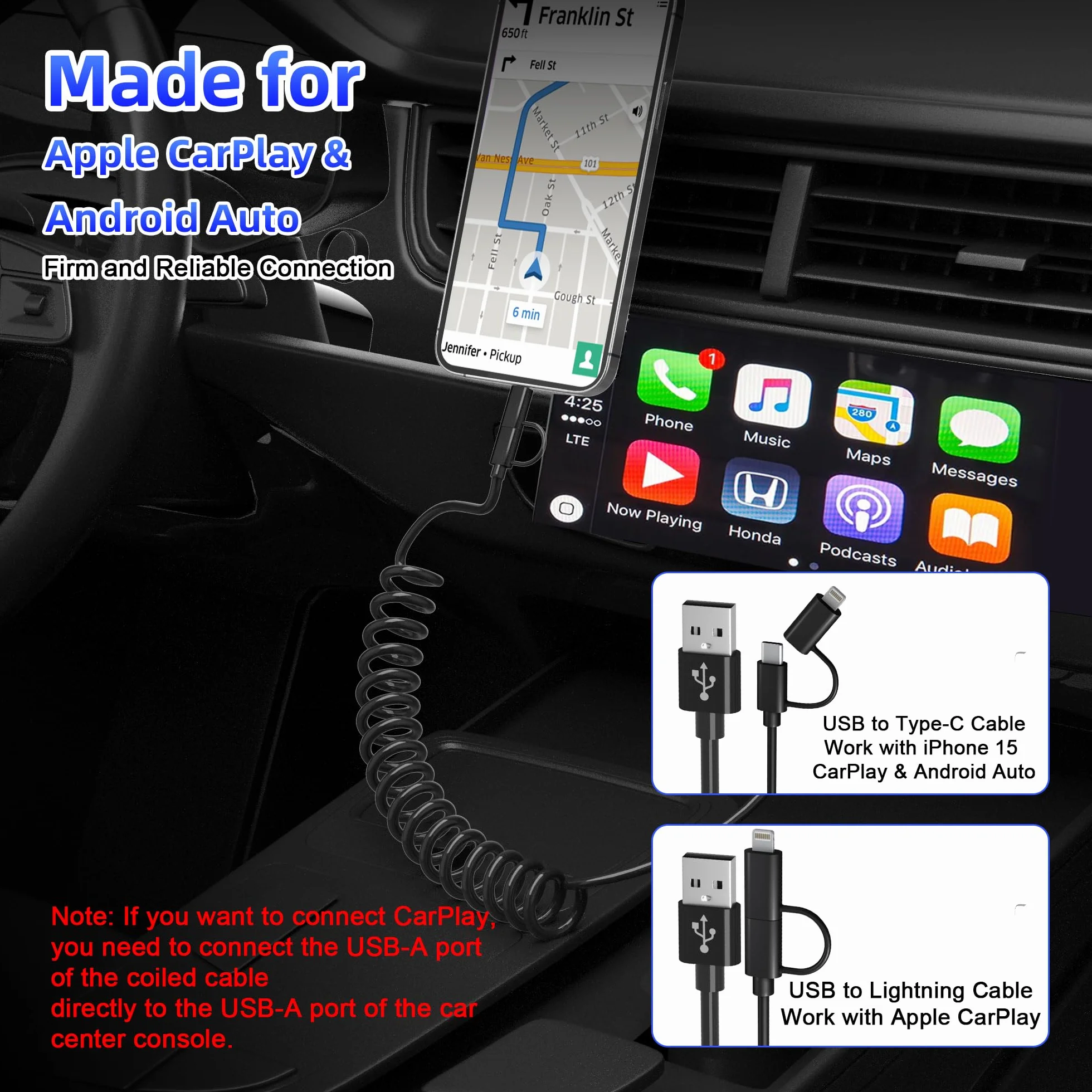 Câble Spirale Voiture 2 en 1 USB vers USB-C et Lightning pour Apple CarPlay et Android Auto, Charge Rapide 3A et Transmission de Données pour iPhone 17/16/15/14/13/12/11/Galaxy/Android