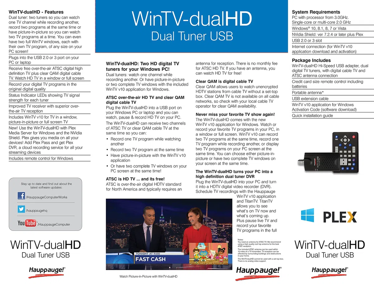 HAUPPAUGE WinTV-DualHD Double USB 2.0 HD TV Tuner pour PC Windows 1595 Noir