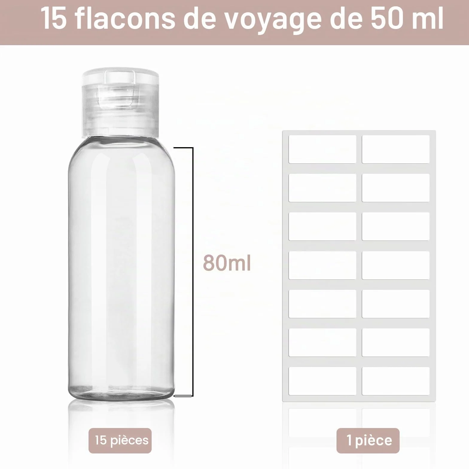 Kit Flacon Voyage Avion 15 Pièces 50ml Plastique Transparent Réutilisable avec Étiquettes