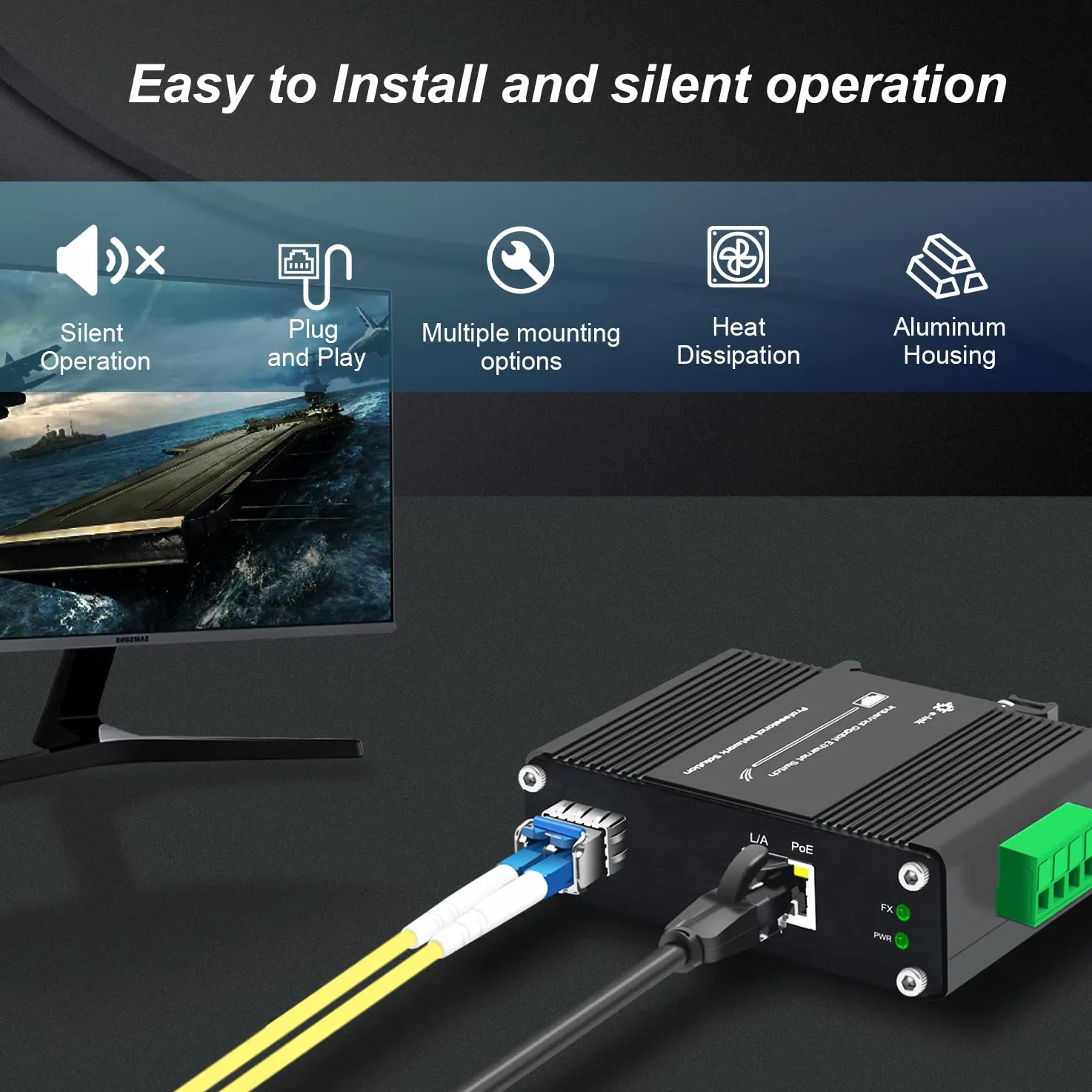 E-link 2 ports PoE++ Gigabit Ethernet industriel (10/100/1000BASE-T port RJ45 + 100Base-FX ou 1000Base-X SFP), IEEE802.3af/at/bt, 60 W, 12-48 V DC d'alimentation