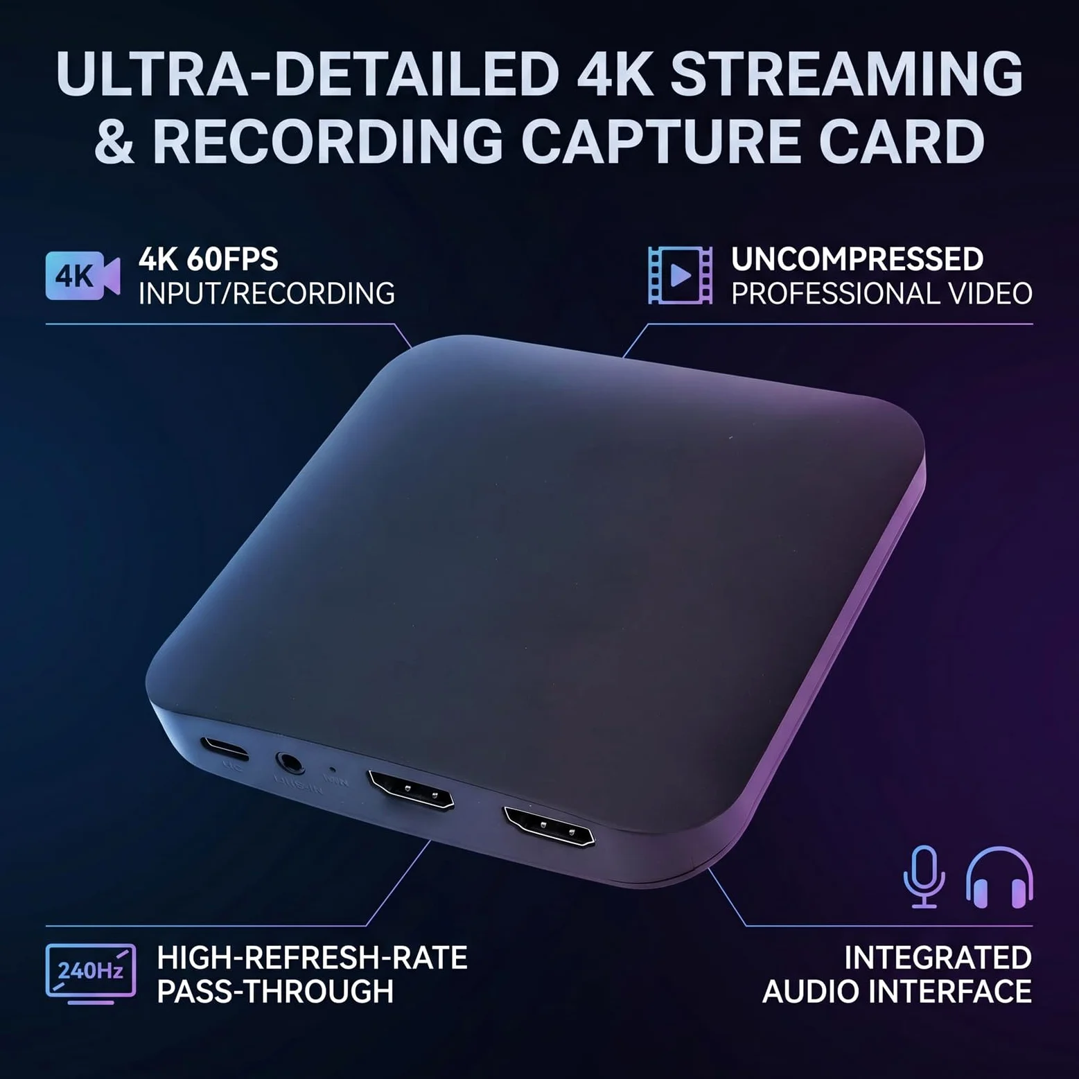 Annadue Carte de Capture Externe 4K pour P5, Série X/S, PC, Entrée 2160p60 HDR ou 1080p240, Carte de Capture Vidéo HDMI vers USB3.0 pour Le Streaming en Direct/Jeu, Latence Proche