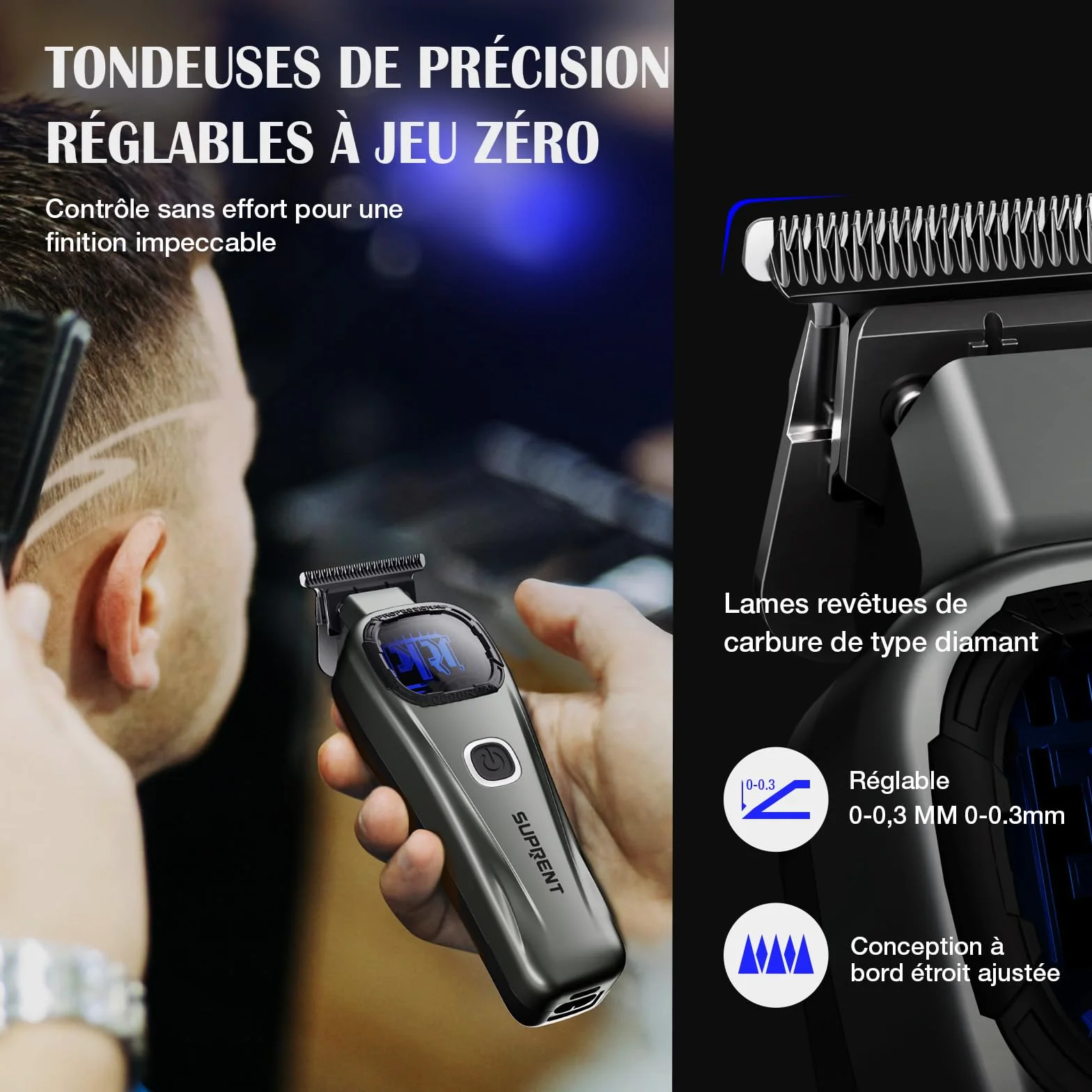 SUPRENT Tondeuse à cheveux professionnelle homme - Lame fade titane réglable Zero-Gap - 5 niveaux - Peignes magnétiques - Batterie 2500 mAh