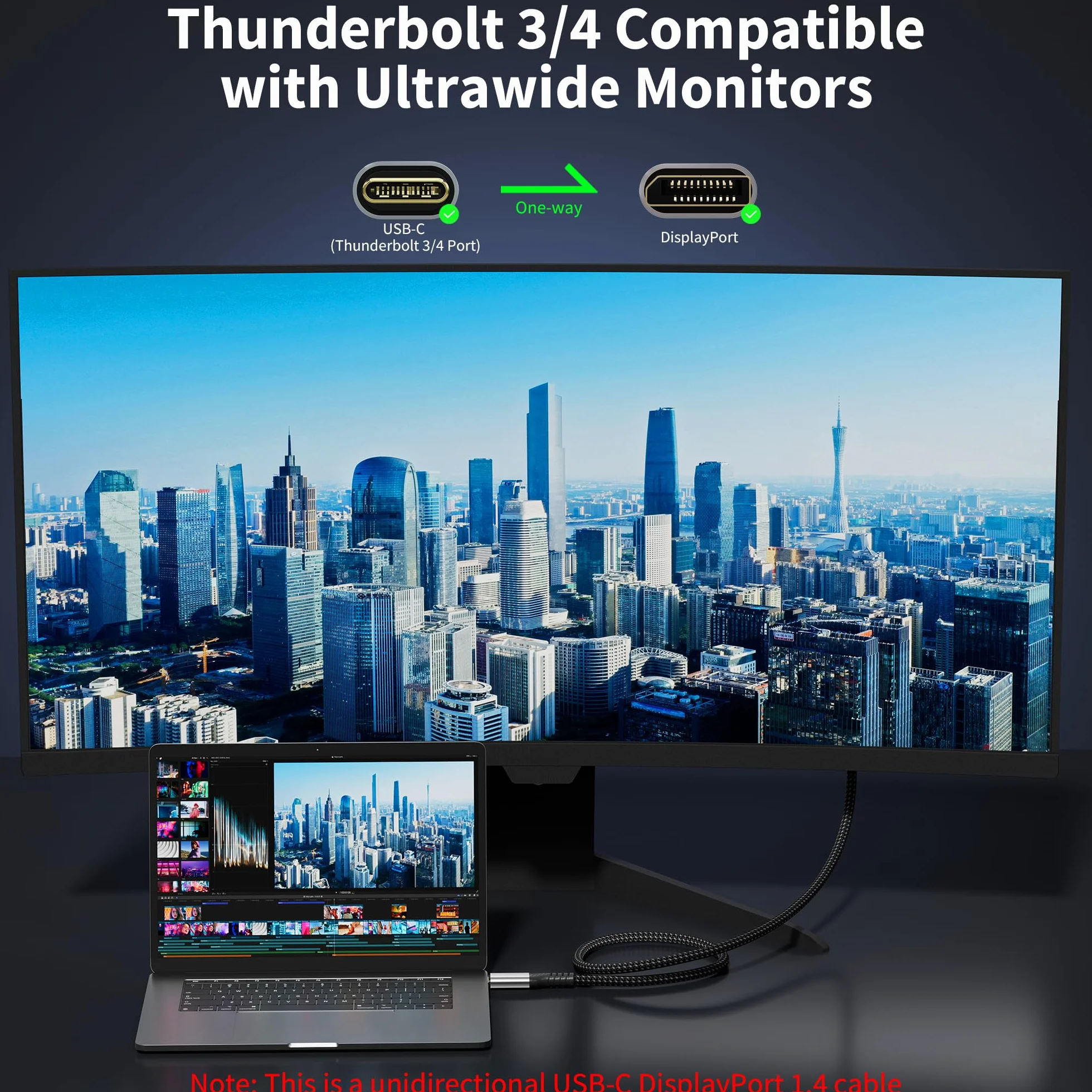 Câble USB-C vers DisplayPort 1.4 1m 8K@60Hz 4K@240Hz HDR VRR Thunderbolt 4/3