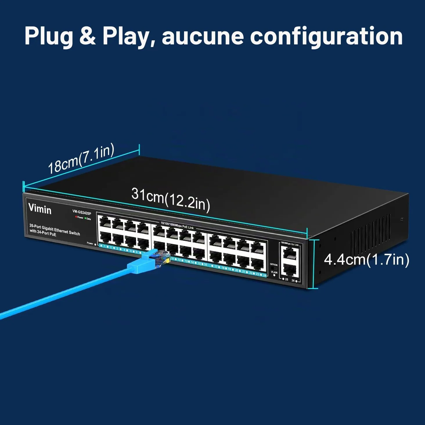 VIMIN Commutateur PoE Gigabit 24 Ports avec 2 Ports Montants Gigabit, Commutateur Ethernet PoE Non Géré 26 Ports avec Une Puissance de 320W, Prise en Charge de IEEE802.3af/at, VLAN, Boîtier en Métal