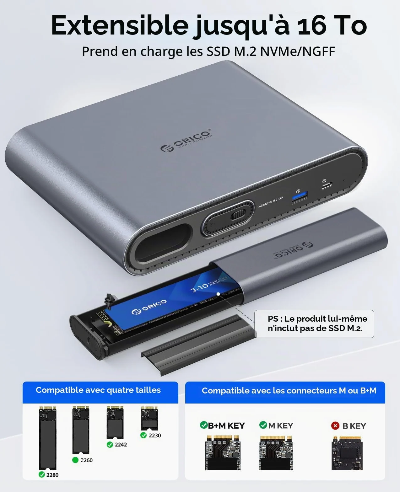 Station d'accueil ORICO 10-en-1 USB-C avec Double Boîtier SSD M.2 NVMe/SATA, USB 10Gbps, Double HDMI 4K@60Hz, PD 60W, RJ45 - pour MacBook Pro/Air (PTM2)
