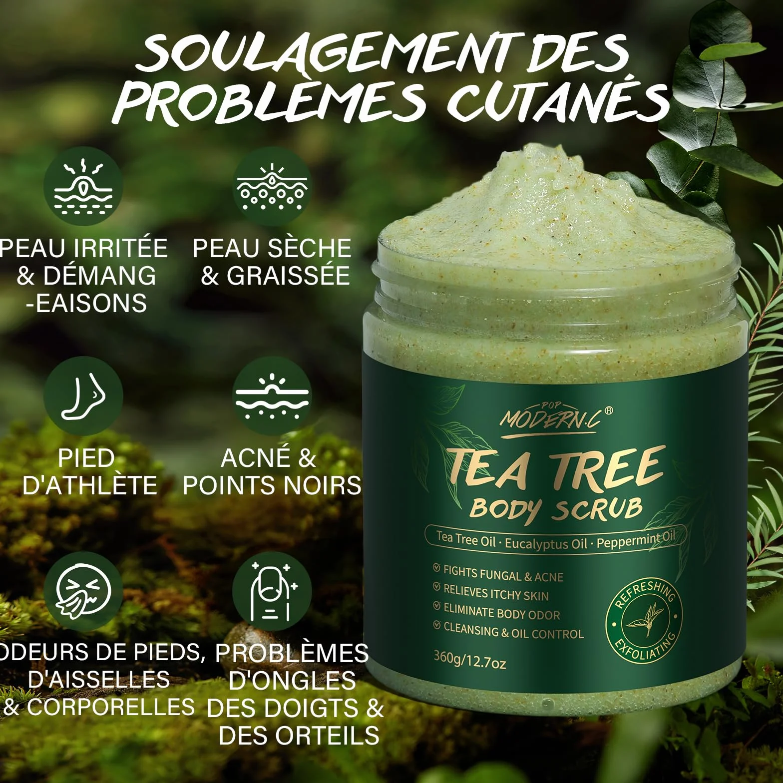 Gommage Corporel à l'Huile d'Arbre à Thé 360g – Exfoliant au Sel Marin pour Mycoses, Démangeaisons, Eczéma