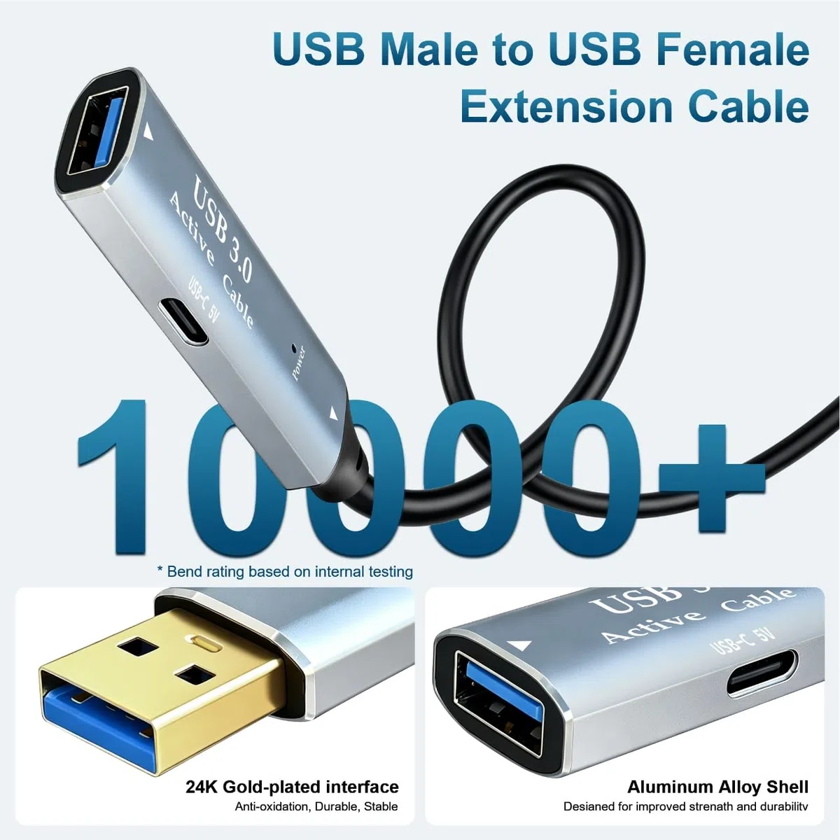 Tan QY Câble d'extension actif USB 3.0 de type A mâle vers A-femelle avec 1 amplificateur de signal et 1 port de charge USB-C, pour webcam, hub USB, appareil photo, imprimante (5 m)