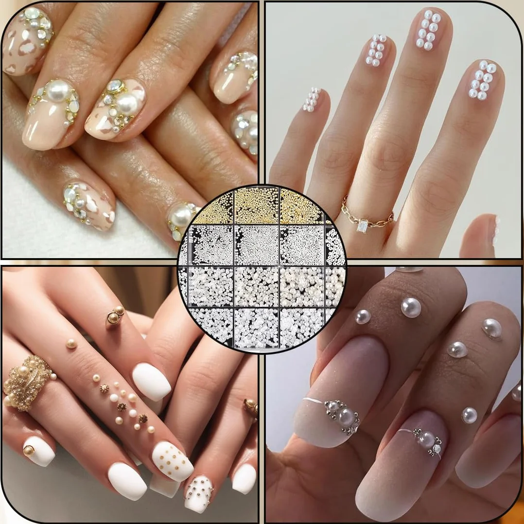 Perles plates dorées et argentées pour ongles, Strass ongle, demi-rondes blanches et beiges, Deco ongle nail art DIY