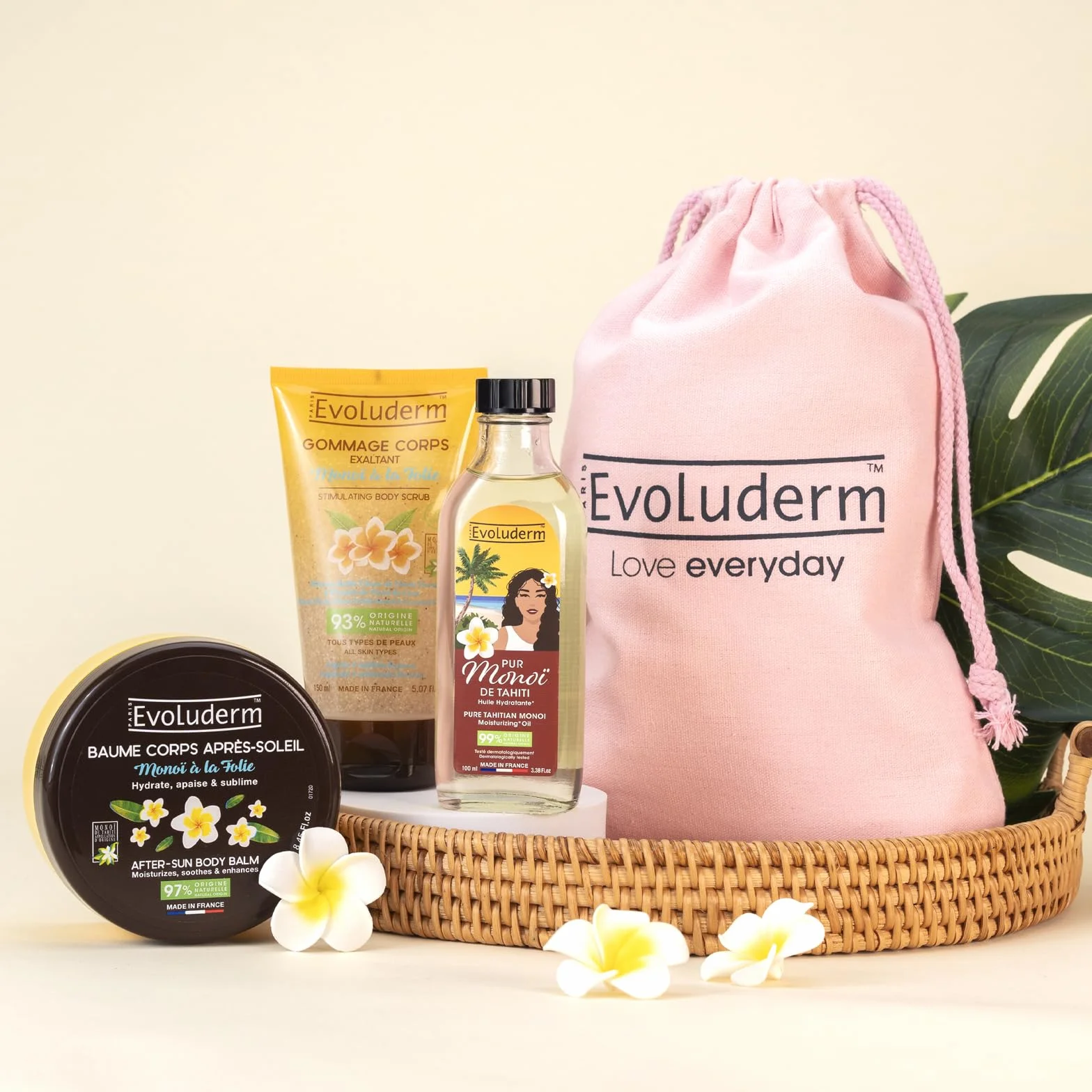 EVOLUDERM Routine Voyage Ensoleillé Baume Après Soleil Huile Hydratante Gommage Corps Pochon Coton Fabrication Française