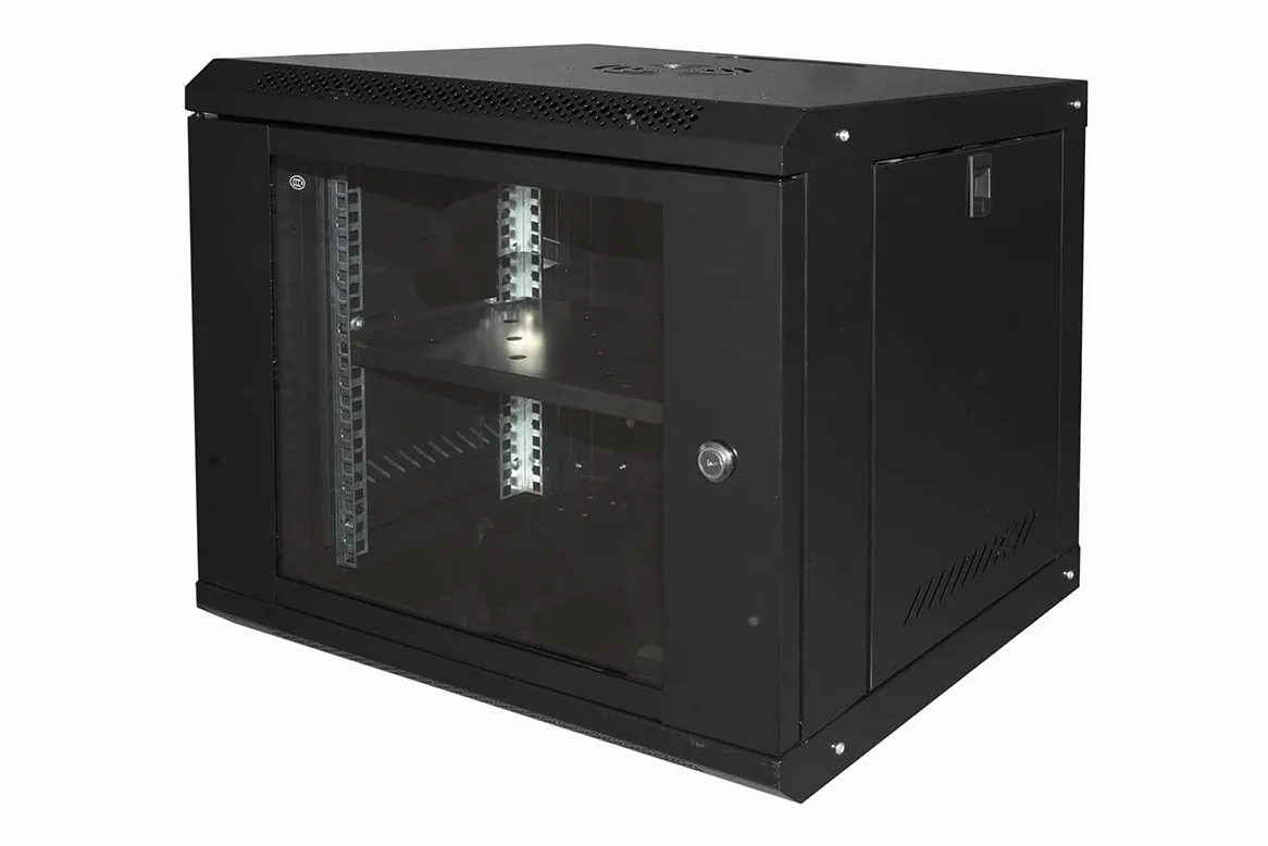 Armoire Rack 19" 9U Link SÉRIE LUMIÈRE Couleur Noir avec Porte Verre (AxPxL) MM 450X400X530 Étagère Incluse