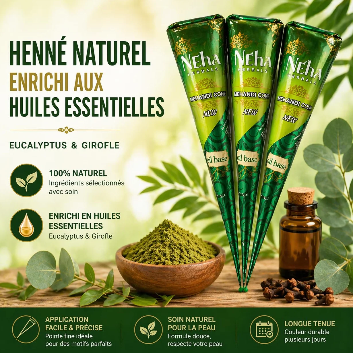 Lot de 3 Cônes de Henné Naturel Coloration Semi-Permanente Neha