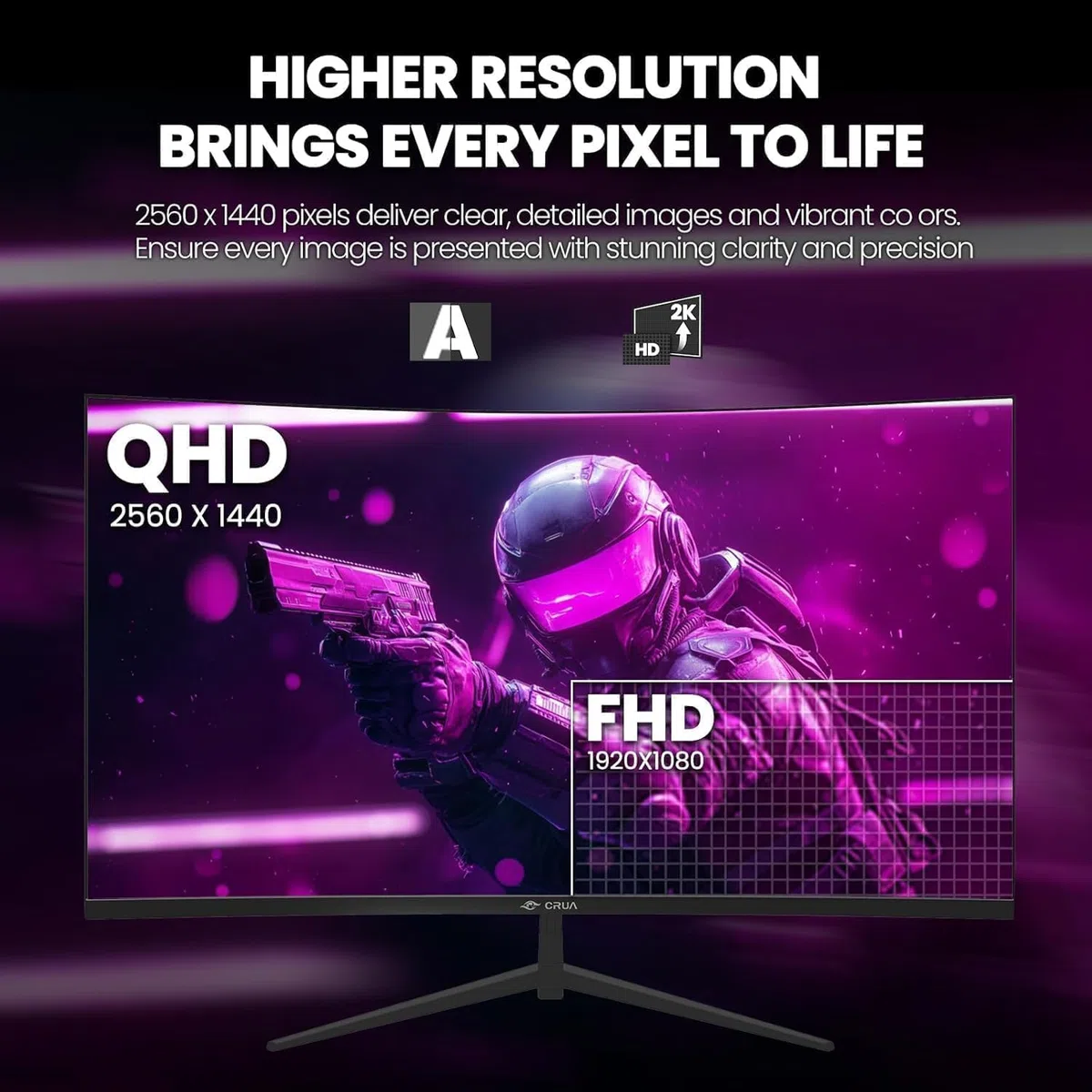 CRUA Ecran PC Gaming Incurvé 32 Pouces 2K (2560x1440p) 165Hz 144Hz,1 ms, Panneau VA, 1500R, sRGB 120%, DCI-P3 90%, Adaptive-Sync, Ultra-Thin Frameless HDMI,DP,VESA