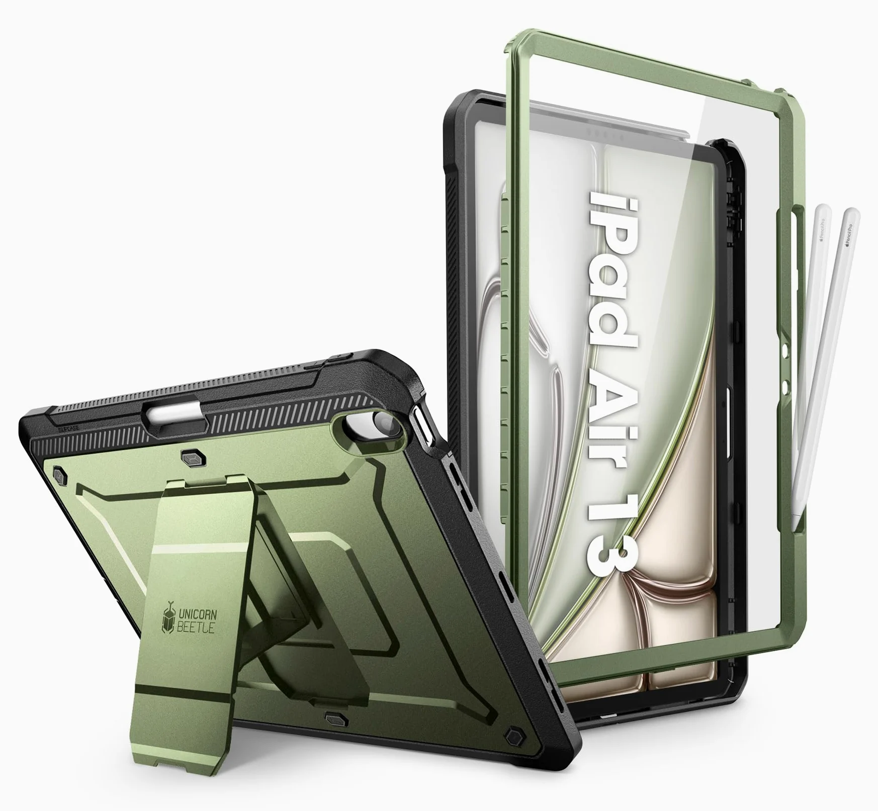 SUPCASE Coque pour iPad Air 13 Pouces (2025/2024) avec Fente Stylet [Support Pliable & Protecteur d'écran Intégré] Protection Robuste Qualité Militaire Intégrale pour iPad Air 13" M3/M2, Vert