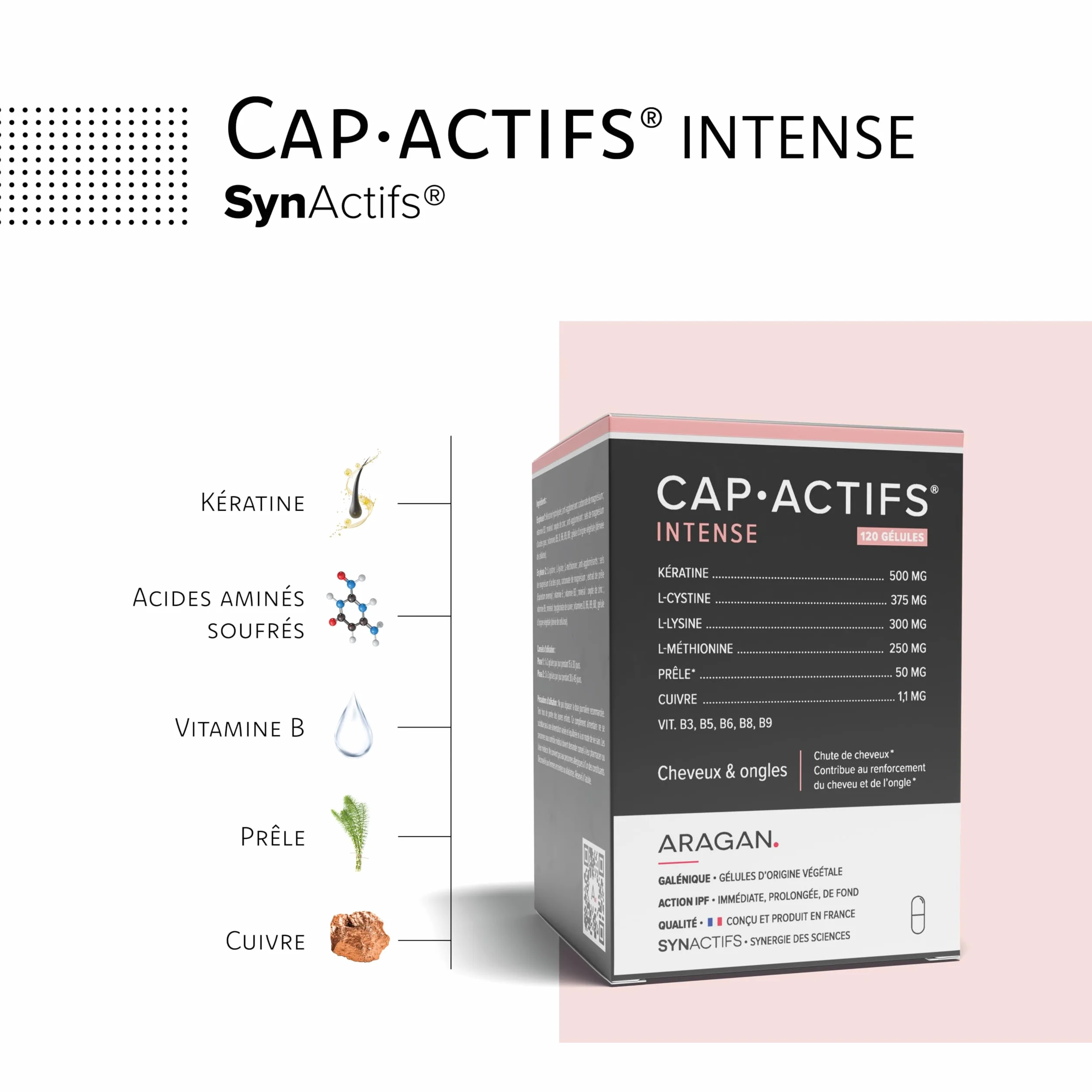 ARAGAN Capactifs Intense Complement Alimentaire Cheveux Pousse Cheveux & Ongles Kératine Zinc Vitamines 1 mois 2 phases Fabriqué en France