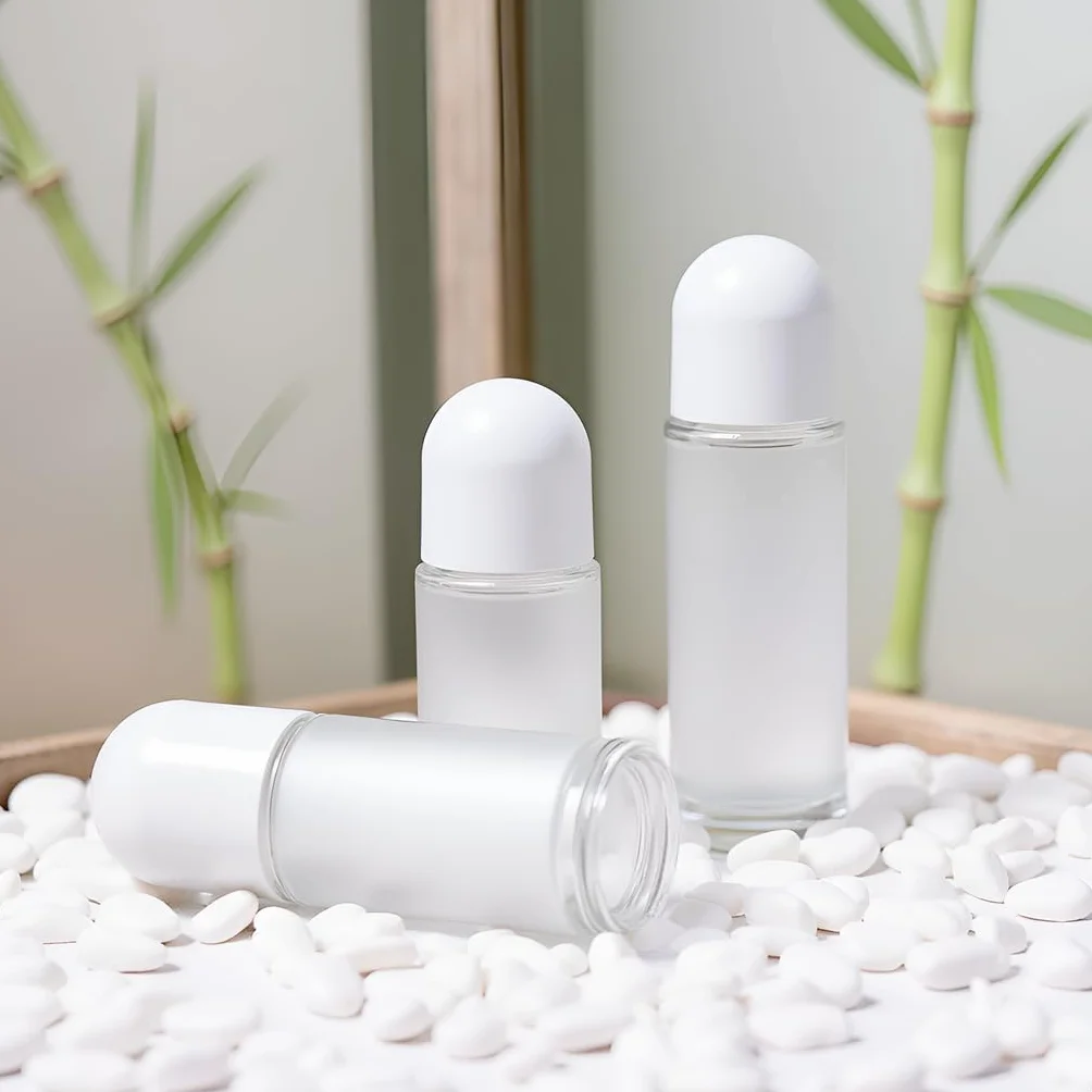 Flacons roulants vides en verre 50 ml avec bille plastique anti-fuite bouchon blanc pour huiles essentielles rechargeables