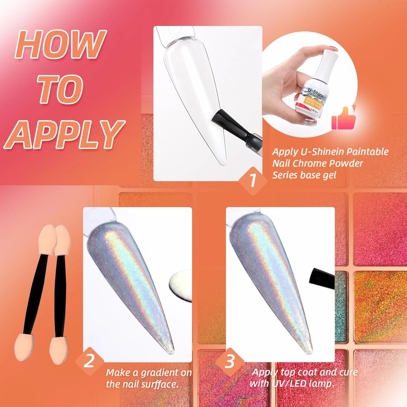 Palette de poudre pigmentée pour ongles 16 couleurs avec éponges et stylo French Aura